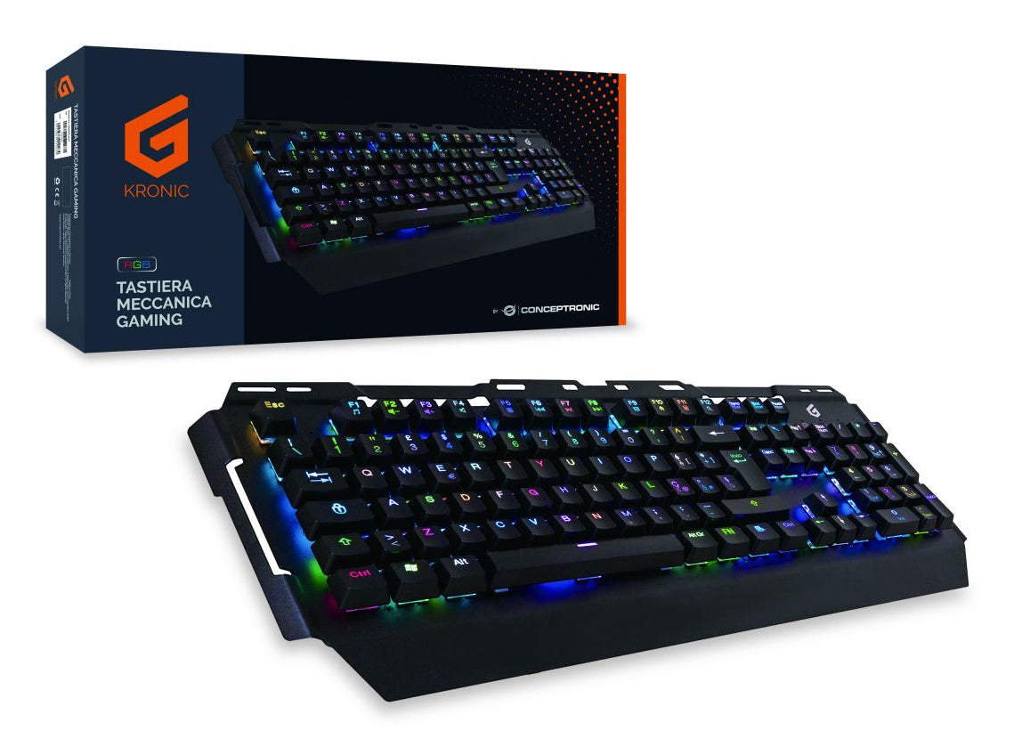 Conceptronic KRONIC Clavier Gaming Mécanique USB QWERTY Italien, Rétroéclairage RGB, Noir