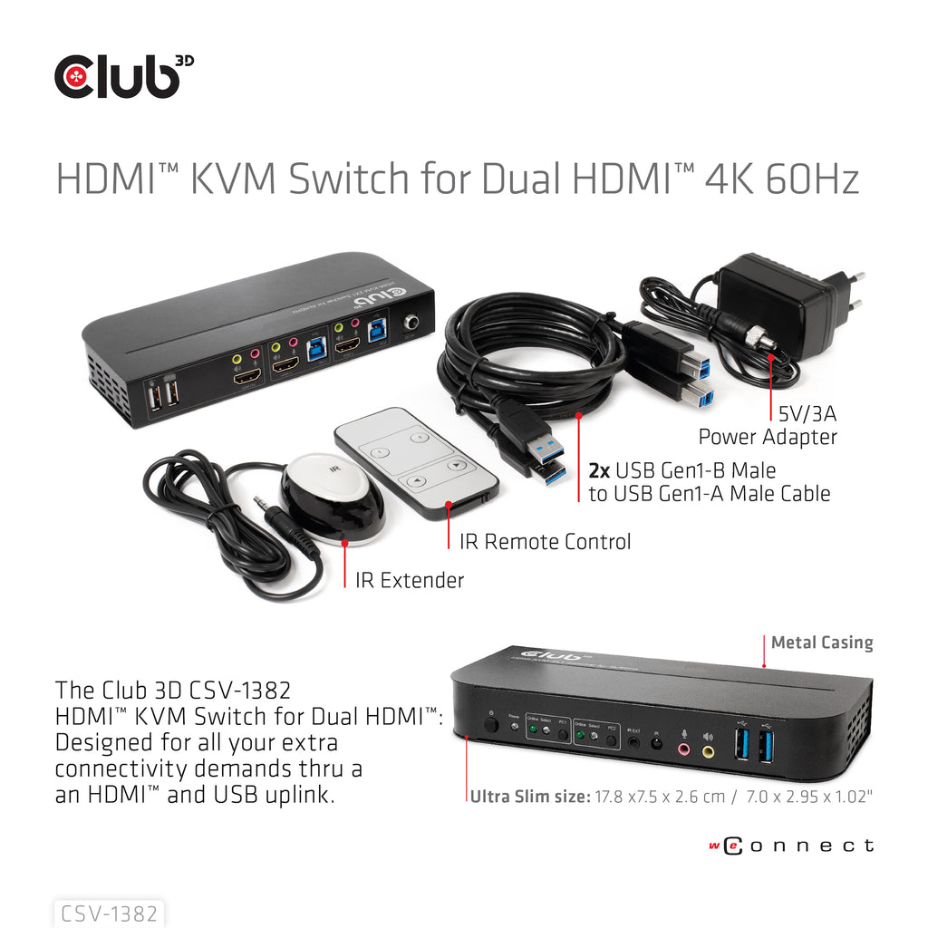 CLUB3D CSV-1382 Commutateur KVM HDMI 4K Ultra HD pour Écran, Clavier et Souris, Noir