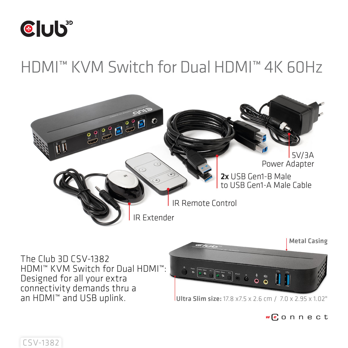 CLUB3D CSV-1382 Commutateur KVM HDMI 4K Ultra HD pour Écran, Clavier et Souris, Noir