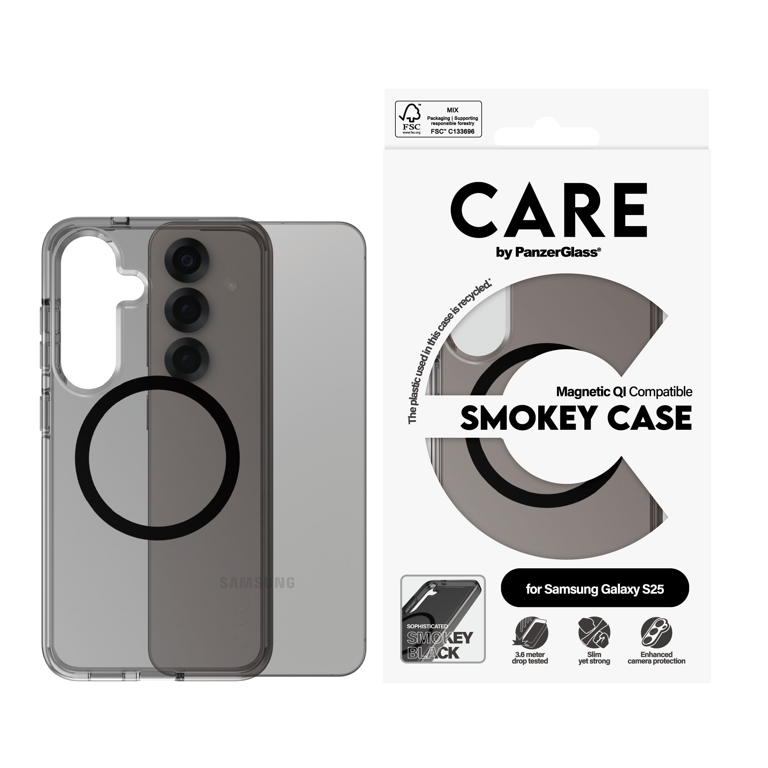 PanzerGlass PanzerGlass CARE™ by ® Urban Combat Case Smokey w. Black Qi Compatible Samsung Galaxy S25 coque de protection pour téléphones portables Housse Noir