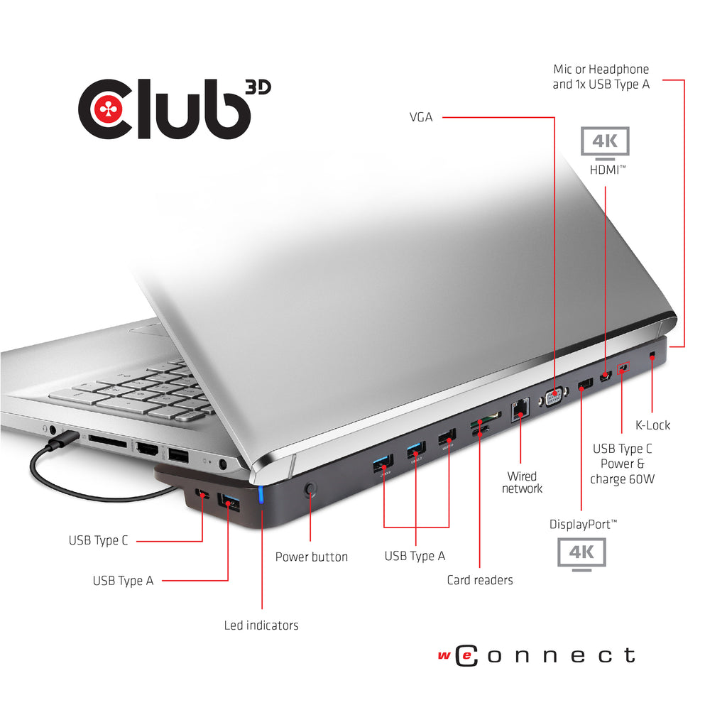 CLUB3D CSV-1564W100 station d'accueil USB 3.2 Gen 1 (3.1 Gen 1) Type-C Noir