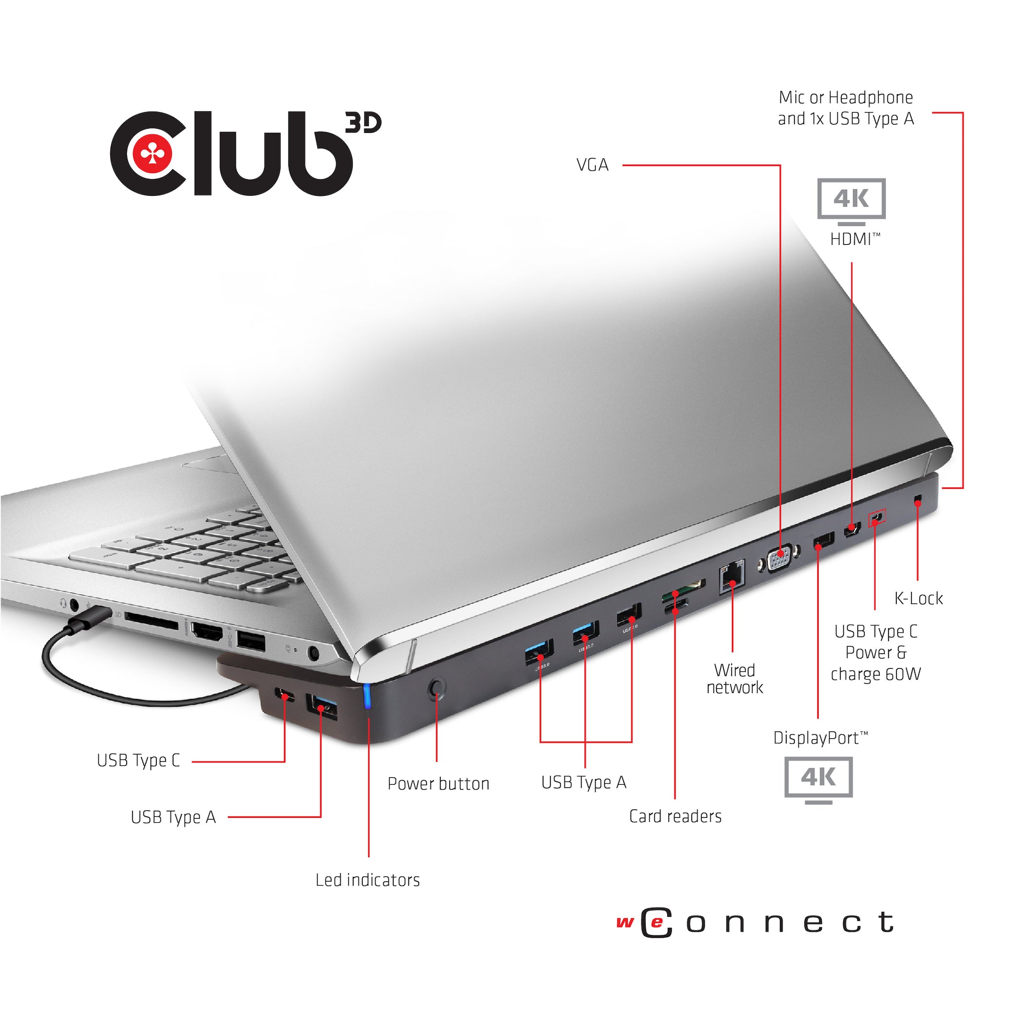 CLUB3D CSV-1564W100 station d'accueil USB 3.2 Gen 1 (3.1 Gen 1) Type-C Noir