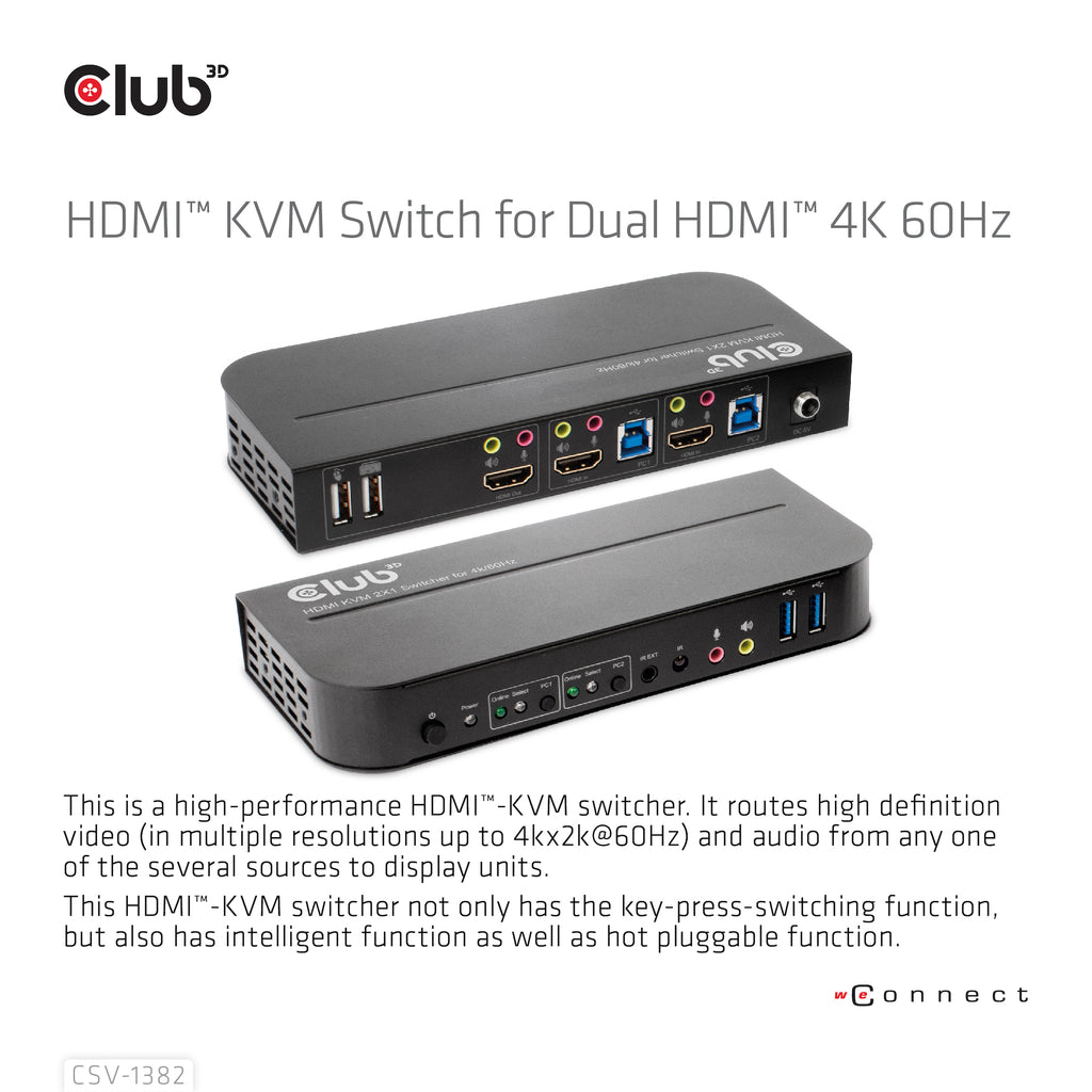 CLUB3D CSV-1382 Commutateur KVM HDMI 4K Ultra HD pour Écran, Clavier et Souris, Noir