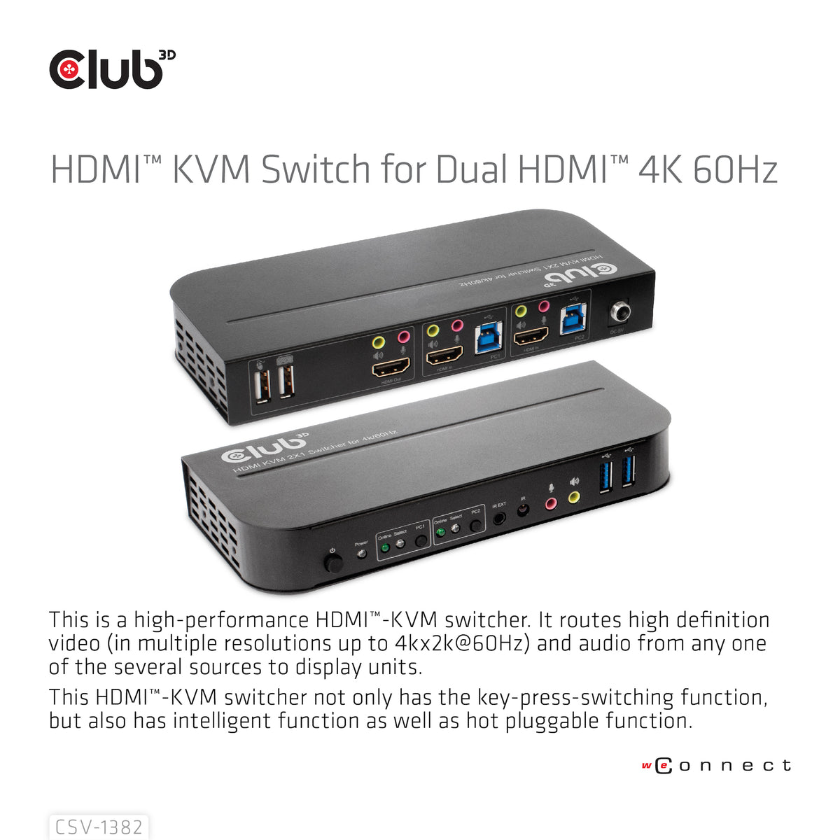 CLUB3D CSV-1382 Commutateur KVM HDMI 4K Ultra HD pour Écran, Clavier et Souris, Noir