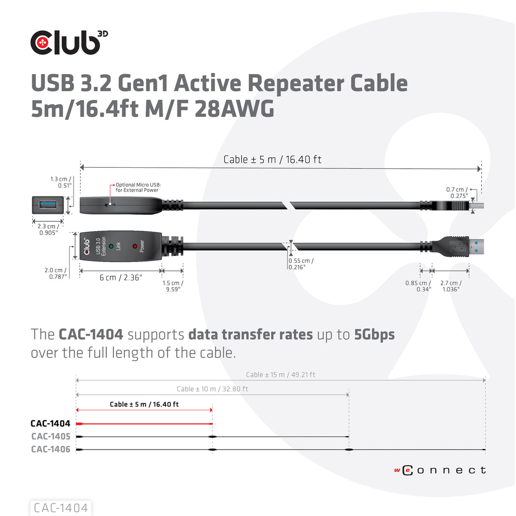 CLUB3D CAC-1404 câble USB USB 3.2 Gen 1 (3.1 Gen 1) 5 m USB A 5 Gbit/s Noir
