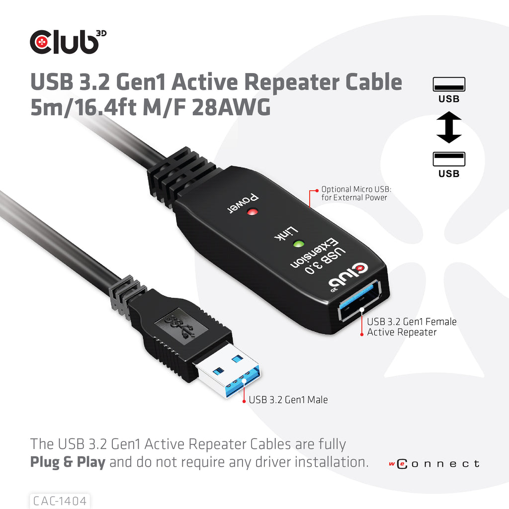 CLUB3D CAC-1404 câble USB USB 3.2 Gen 1 (3.1 Gen 1) 5 m USB A 5 Gbit/s Noir