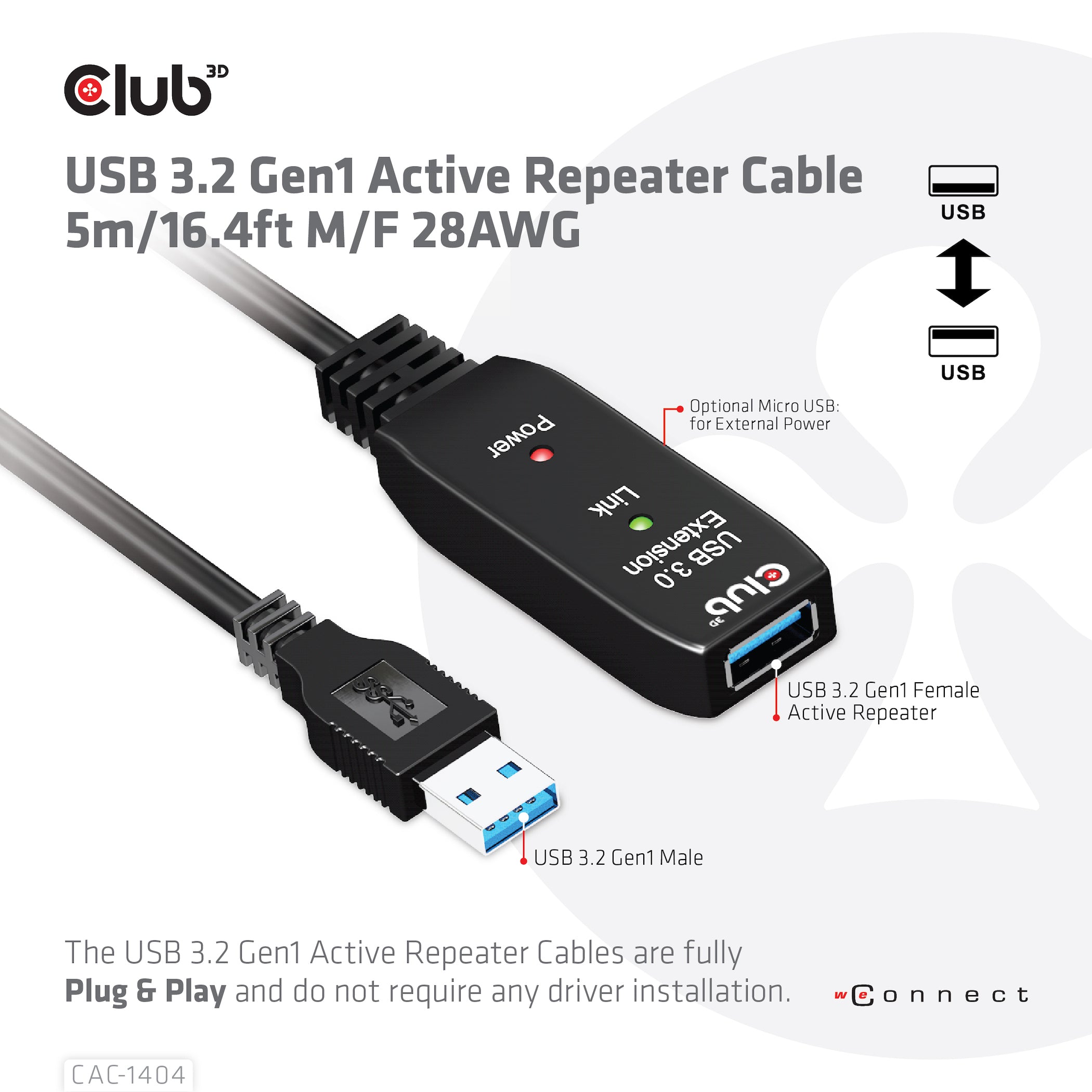 CLUB3D CAC-1404 câble USB USB 3.2 Gen 1 (3.1 Gen 1) 5 m USB A 5 Gbit/s Noir