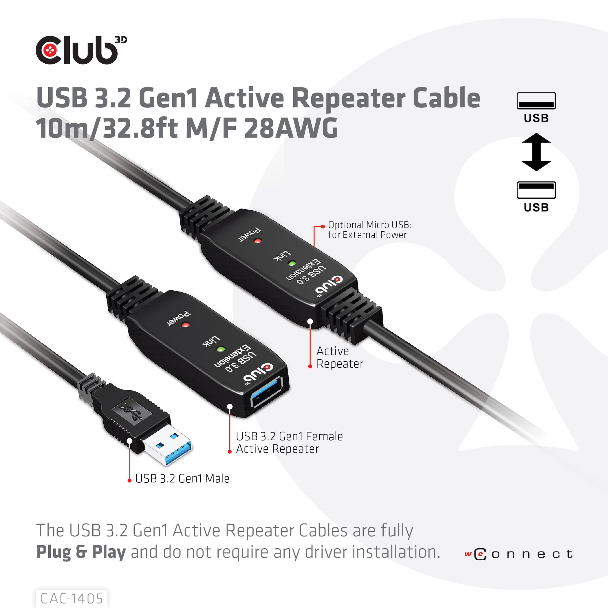 CLUB3D CAC-1405 câble USB USB 3.2 Gen 2 (3.1 Gen 2) 10 m USB A 5 Gbit/s Noir