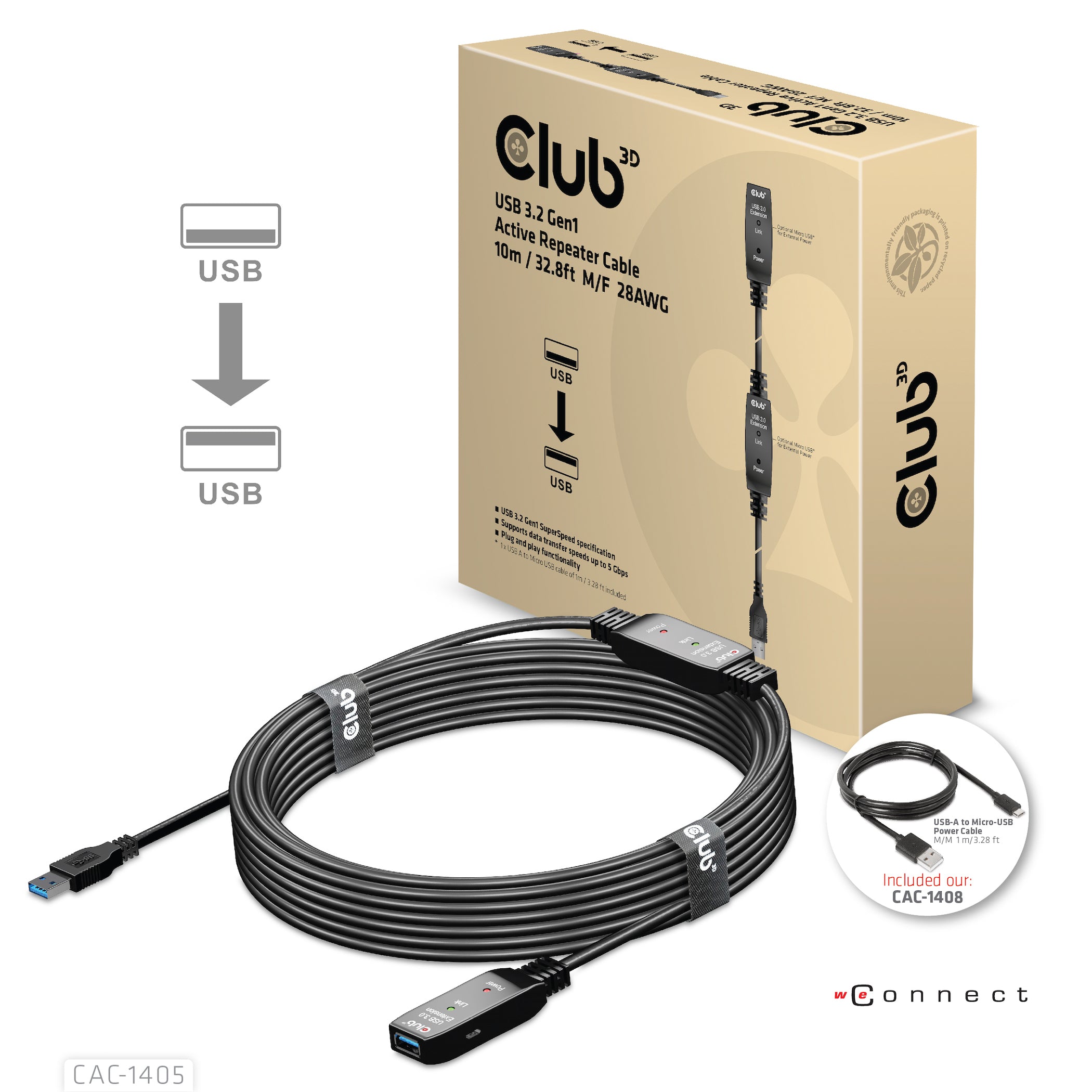 CLUB3D CAC-1405 câble USB USB 3.2 Gen 2 (3.1 Gen 2) 10 m USB A 5 Gbit/s Noir