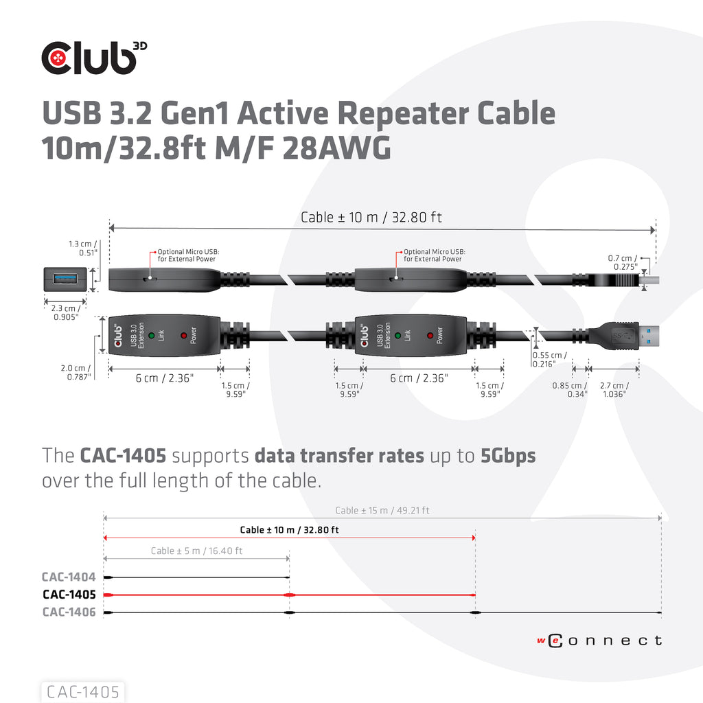 CLUB3D CAC-1405 câble USB USB 3.2 Gen 2 (3.1 Gen 2) 10 m USB A 5 Gbit/s Noir