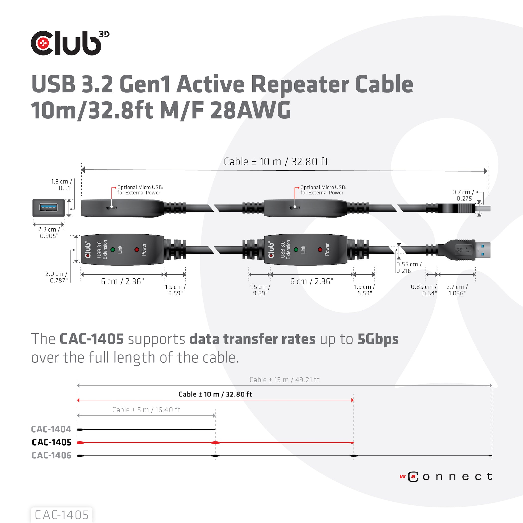 CLUB3D CAC-1405 câble USB USB 3.2 Gen 2 (3.1 Gen 2) 10 m USB A 5 Gbit/s Noir
