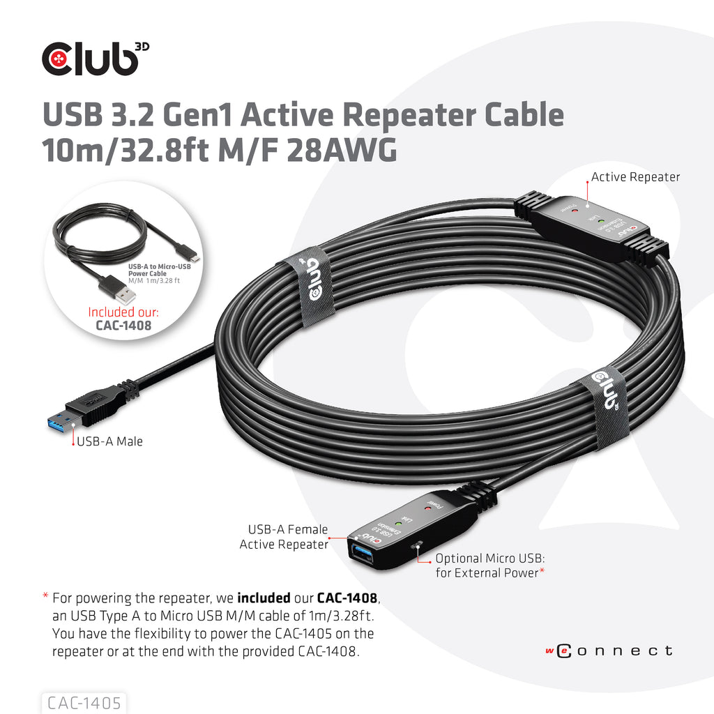 CLUB3D CAC-1405 câble USB USB 3.2 Gen 2 (3.1 Gen 2) 10 m USB A 5 Gbit/s Noir