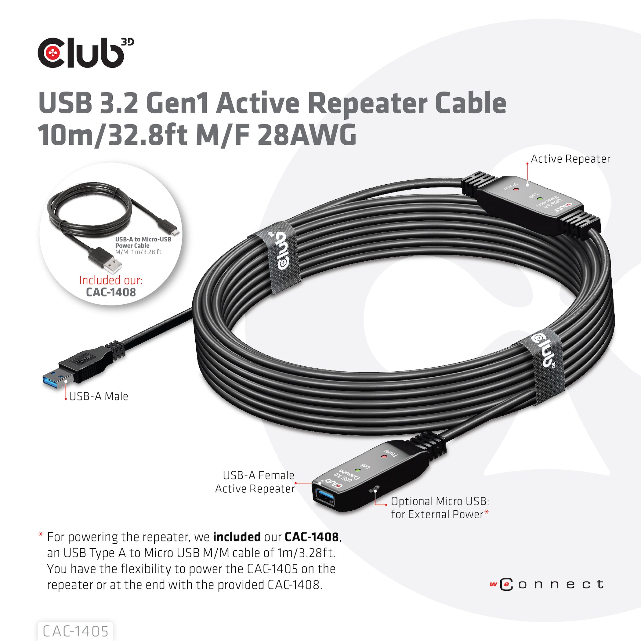 CLUB3D CAC-1405 câble USB USB 3.2 Gen 2 (3.1 Gen 2) 10 m USB A 5 Gbit/s Noir