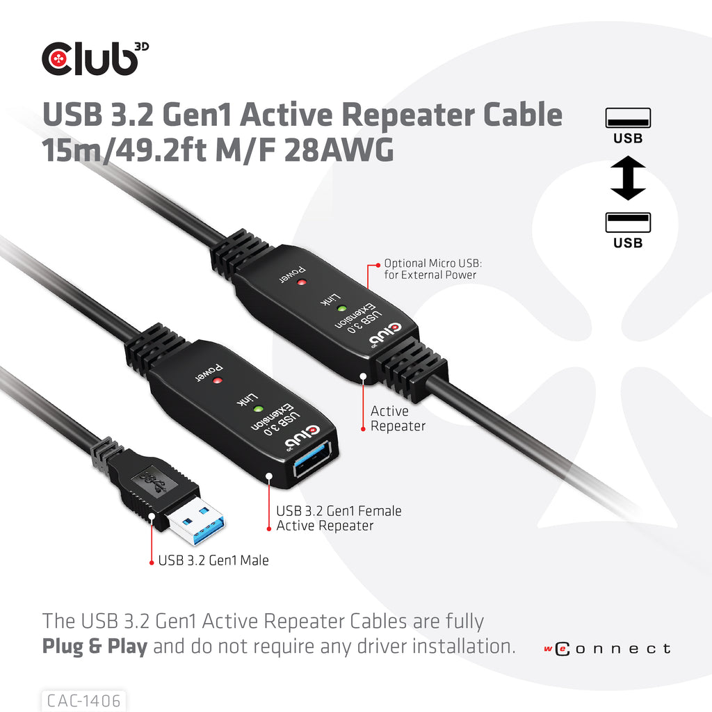 CLUB3D CAC-1406 câble USB USB 3.2 Gen 1 (3.1 Gen 1) 15 m USB A 5 Gbit/s Noir