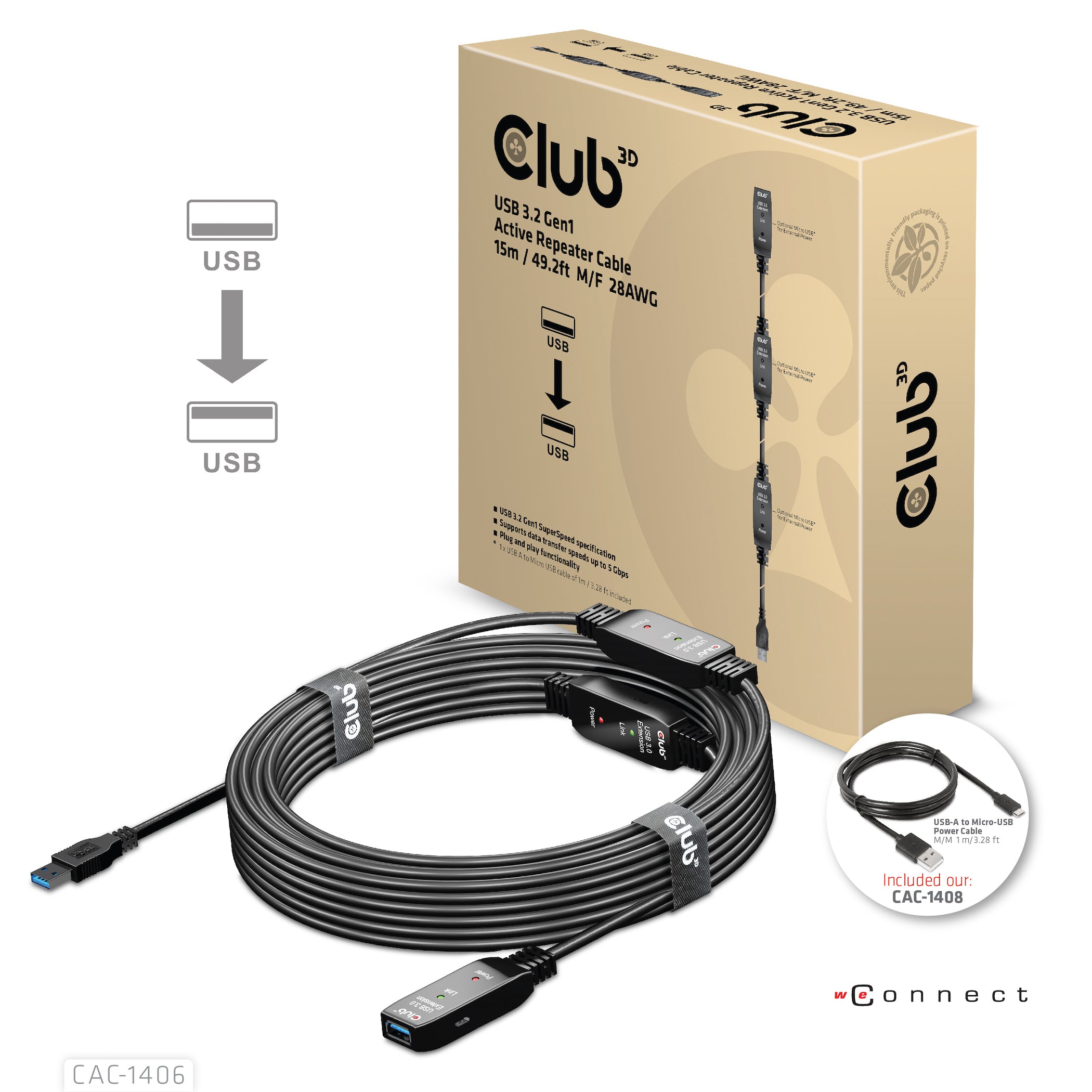 CLUB3D CAC-1406 câble USB USB 3.2 Gen 1 (3.1 Gen 1) 15 m USB A 5 Gbit/s Noir