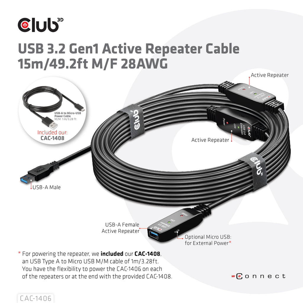 CLUB3D CAC-1406 câble USB USB 3.2 Gen 1 (3.1 Gen 1) 15 m USB A 5 Gbit/s Noir