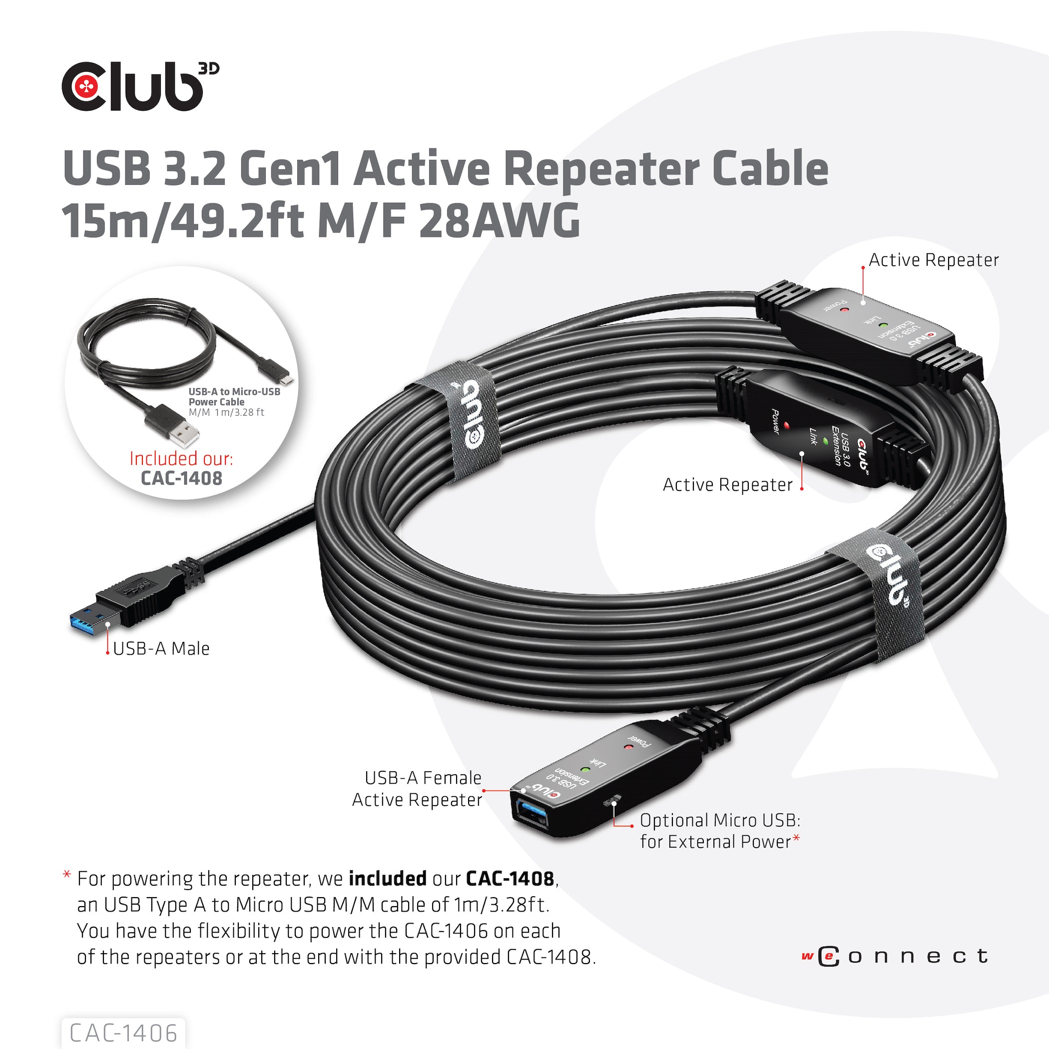 CLUB3D CAC-1406 câble USB USB 3.2 Gen 1 (3.1 Gen 1) 15 m USB A 5 Gbit/s Noir