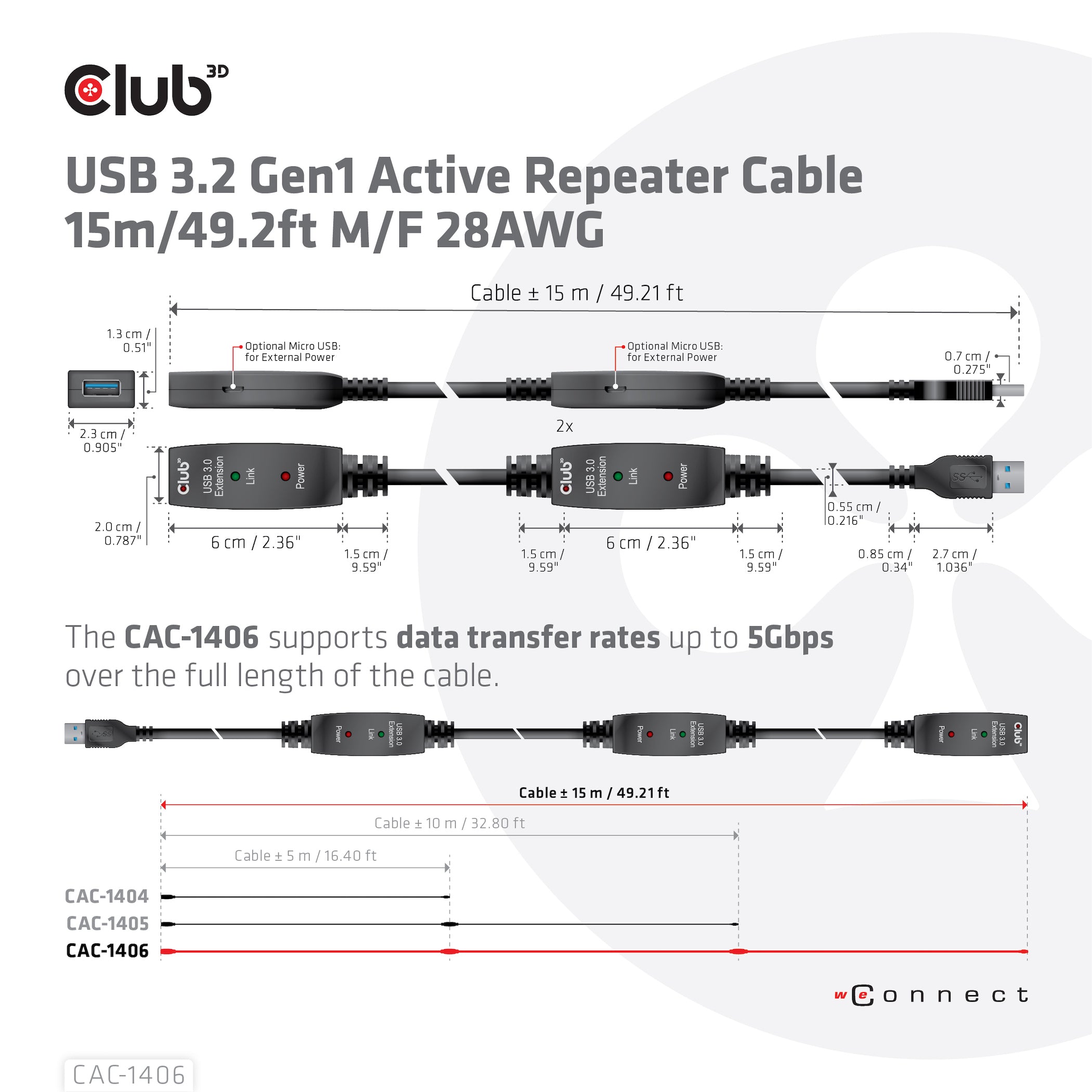 CLUB3D CAC-1406 câble USB USB 3.2 Gen 1 (3.1 Gen 1) 15 m USB A 5 Gbit/s Noir