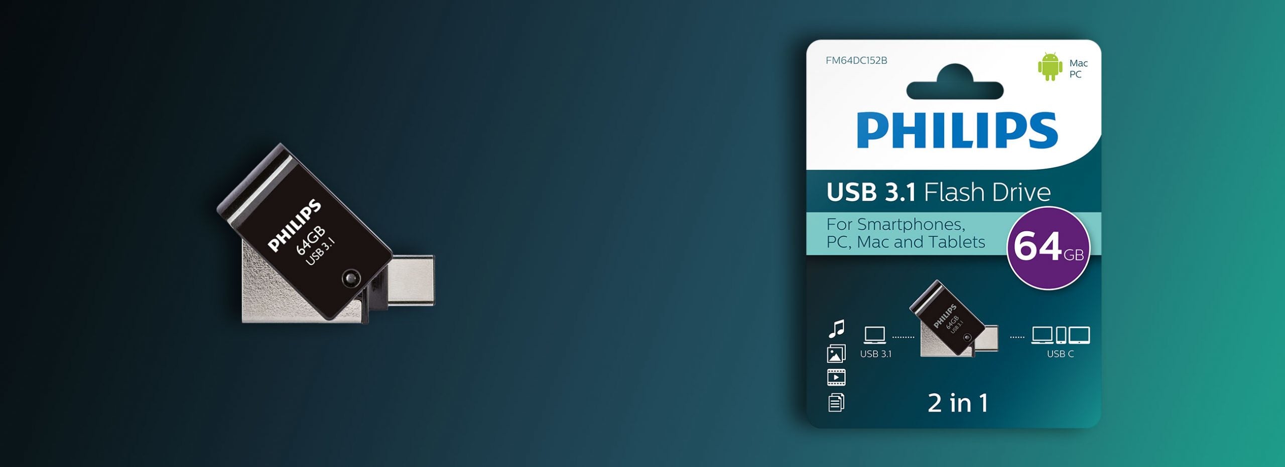 Philips FM64DC152B/00 lecteur USB flash 64 Go USB Type-C 3.2 Gen 1 (3.1 Gen 1) Noir