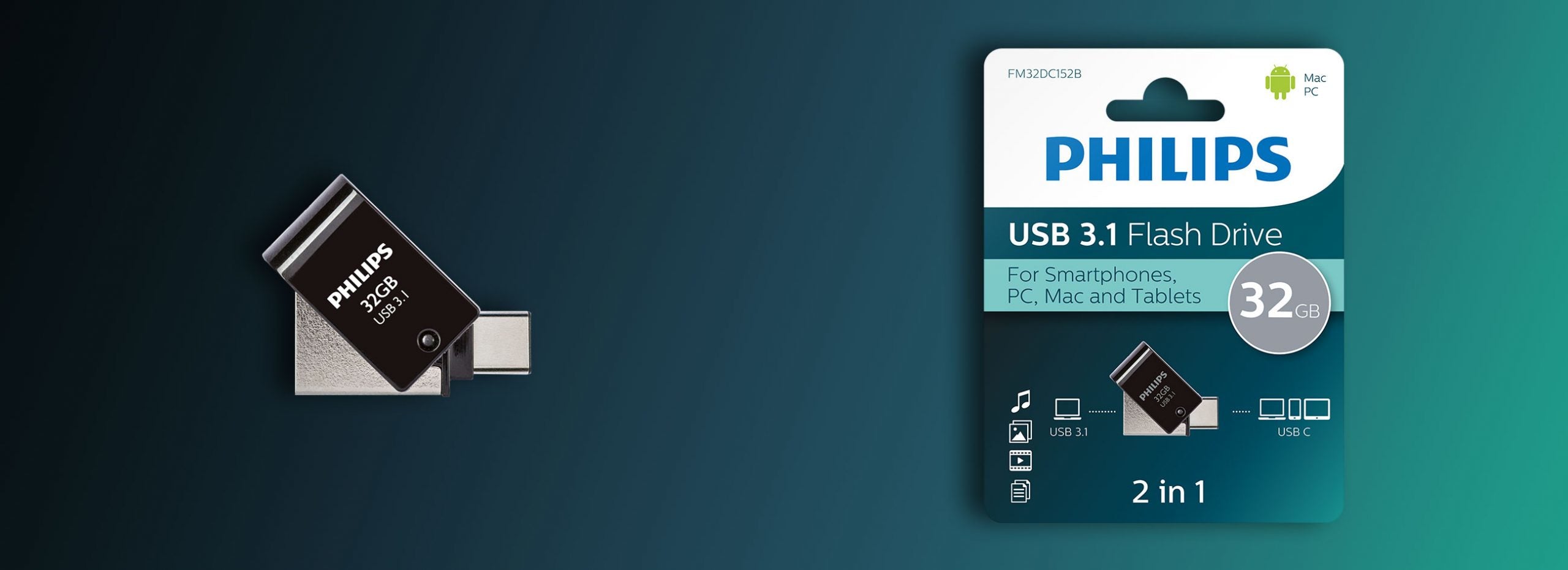 Philips FM32DC152B/00 lecteur USB flash 32 Go USB Type-C 3.2 Gen 1 (3.1 Gen 1) Noir