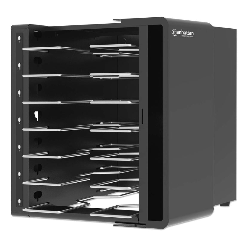 Manhattan Armoire de charge USB-C 65W de bureau 7 ordinateurs portables (jusqu’à 16"), compatible avec ordinateurs portables, iPads, MacBooks et autres appareils USB-C, compartiments 402×290×50 mm, câbles USB-C inclus, chariot, câbles d’alimentation EU/UK - vue 4