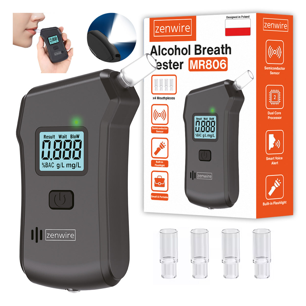 Alcootest numérique professionnel de police, alcootest domestique, lampe torche, 5 embouts, Zenwire MR806