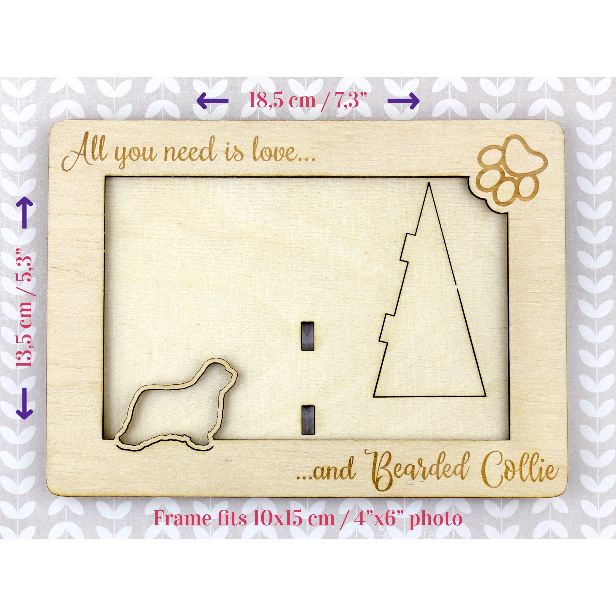 Bearded Collie, Highland Collie, Mountain Collie - Photo frame, engraved wooden frame, a lovely gadget for the dog lover by Art-Dog
