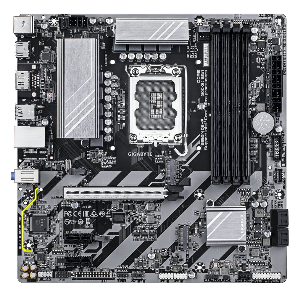 GIGABYTE B860M D3HP Carte mère - Processeurs Intel Core Ultra, VRM 4+1+2+1 phases, jusqu'à 9066MHz DDR5, 2xPCIe 4.0 M.2, LAN GbE, USB 3.2 Gen 1