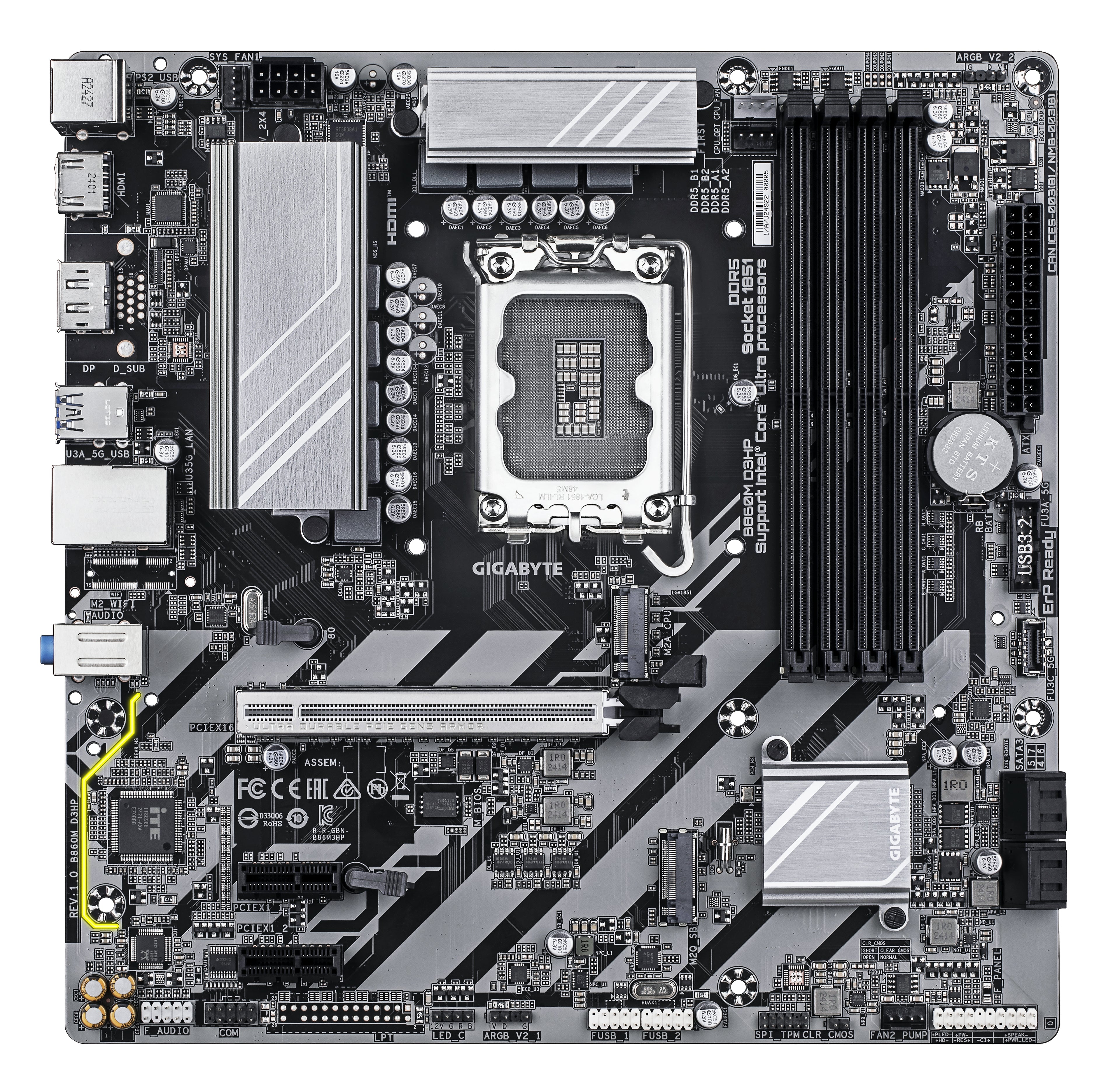 GIGABYTE B860M D3HP Carte mère - Processeurs Intel Core Ultra, VRM 4+1+2+1 phases, jusqu'à 9066MHz DDR5, 2xPCIe 4.0 M.2, LAN GbE, USB 3.2 Gen 1