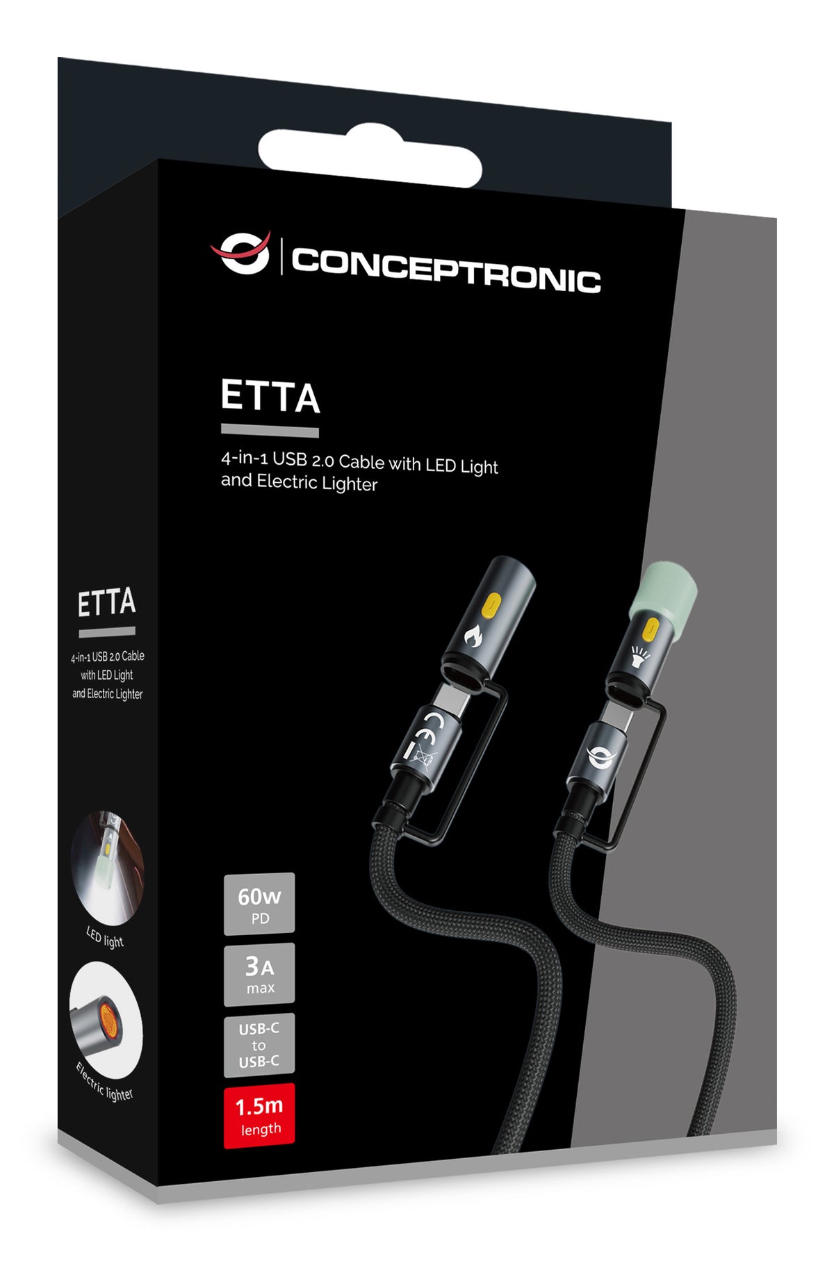 Conceptronic ETTA10B15 câble USB USB 2.0 1,5 m USB C 0,48 Gbit/s 60 W Noir