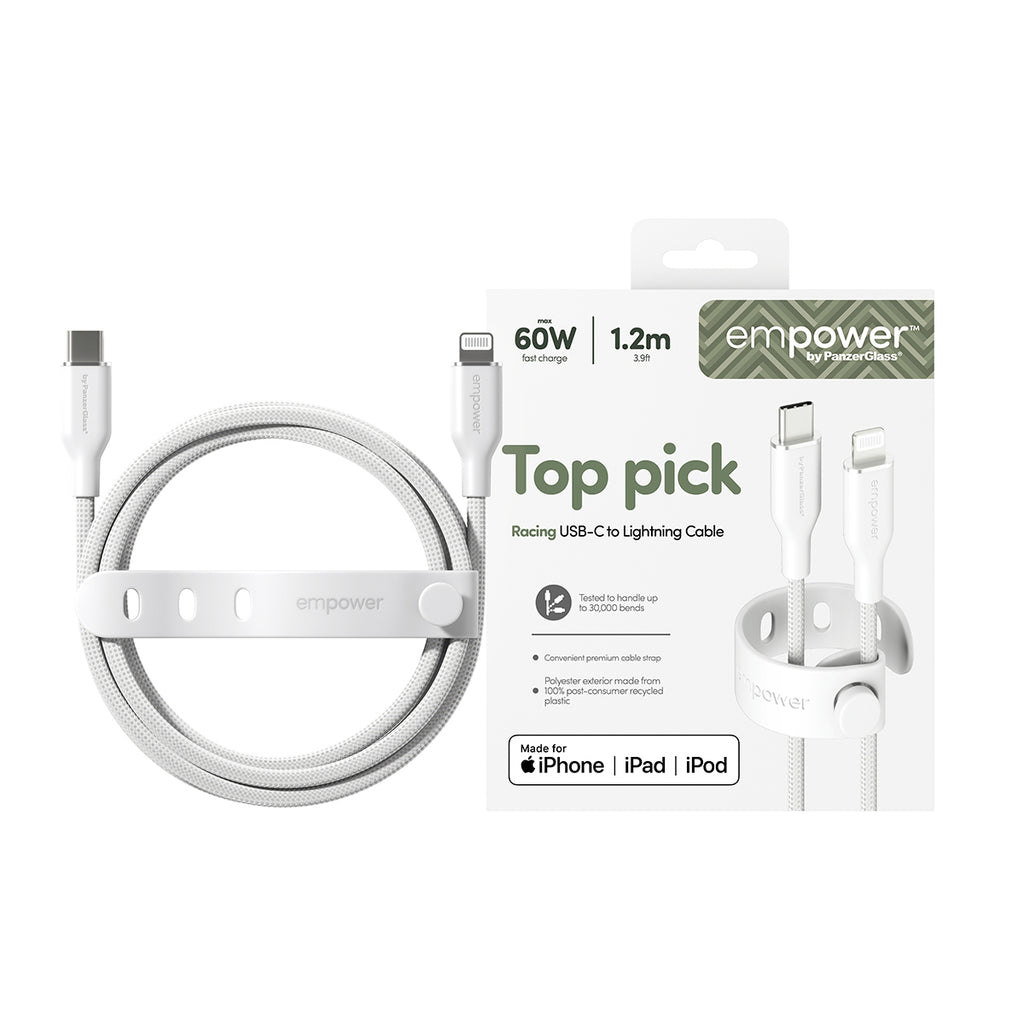 PanzerGlass empower™ by ® Racing 60W USB-C to Lightning Cable | USB 2.0 | 1.2M | Silver White câble USB Blanc