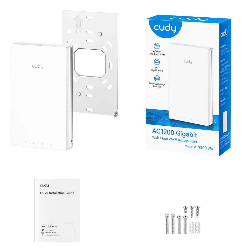 Cudy AC1200 Gigabit Wall-Plate Access Point 1167 Mbit/s Blanc Connexion Ethernet, supportant l'alimentation via ce port (PoE)