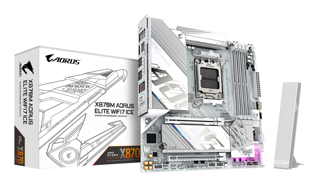 GIGABYTE X870M AORUS ELITE WIFI7 ICE Carte Mère – Compatible avec processeurs AMD Ryzen 9000, VRM numérique 14+2+2 phases, jusqu’à 8200 Hz DDR5 (O.C), 1× PCIe 5.0 + 1× PCIe 4.0, Wi-Fi 7, LAN 2.5 GbE, USB 4