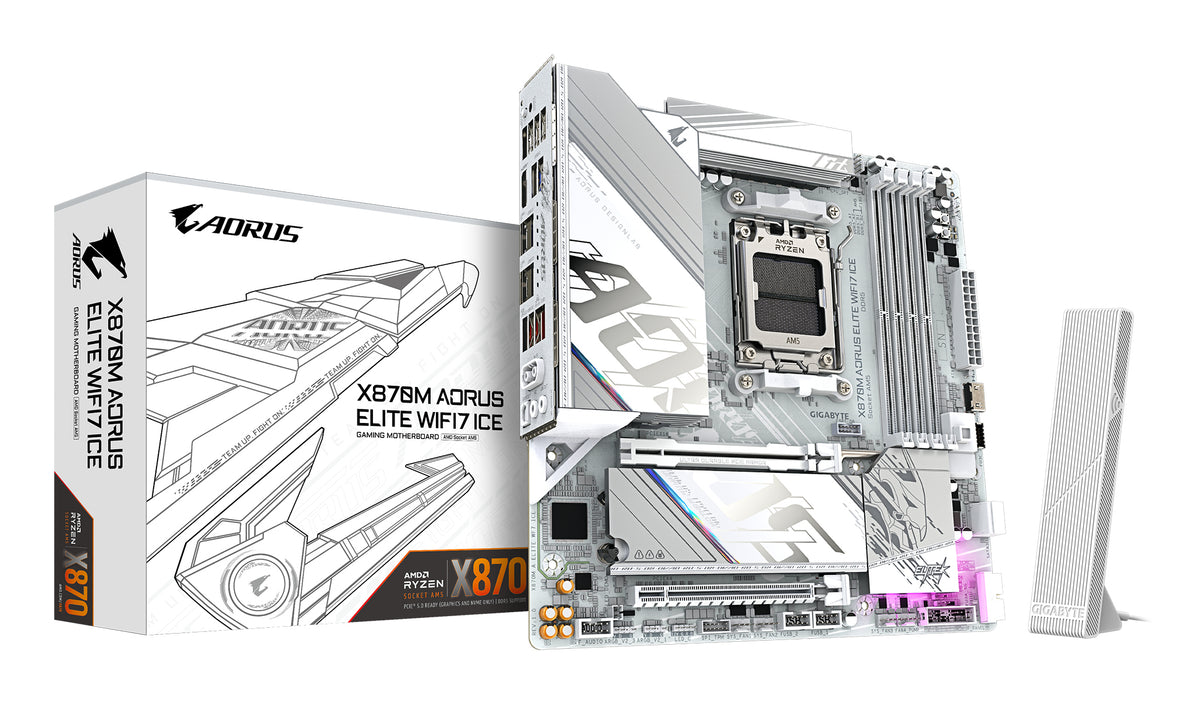 GIGABYTE X870M AORUS ELITE WIFI7 ICE Carte Mère – Compatible avec processeurs AMD Ryzen 9000, VRM numérique 14+2+2 phases, jusqu’à 8200 Hz DDR5 (O.C), 1× PCIe 5.0 + 1× PCIe 4.0, Wi-Fi 7, LAN 2.5 GbE, USB 4