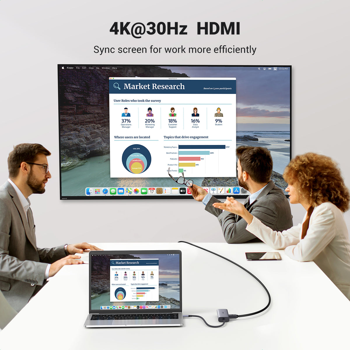 Ugreen USB-C to 2*USB3.0+HDMI+RJ 45+SD&TF+PD port Hub - vue 3