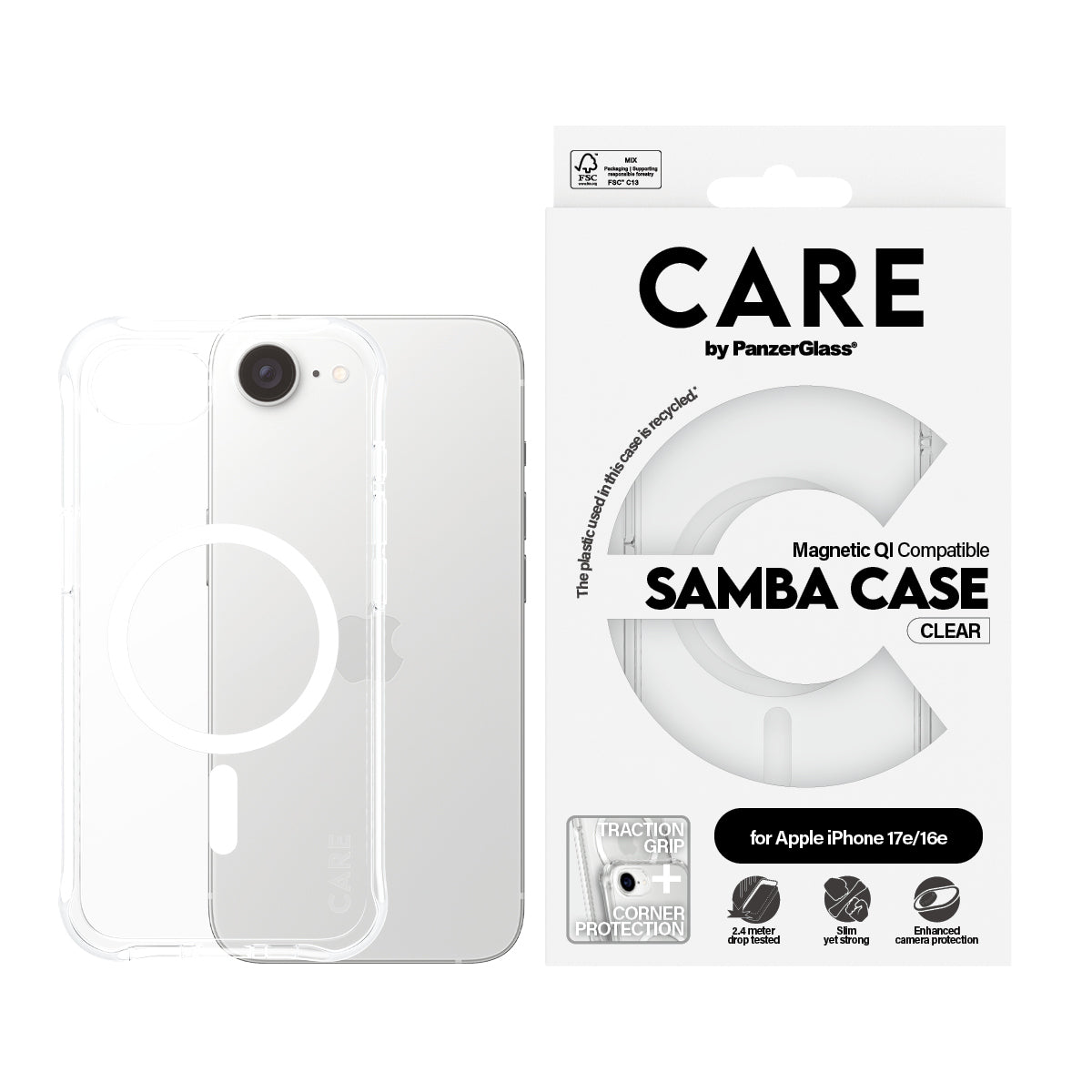 PanzerGlass CARE Samba Case Transparent avec Qi pour iPhone 17e et 16e