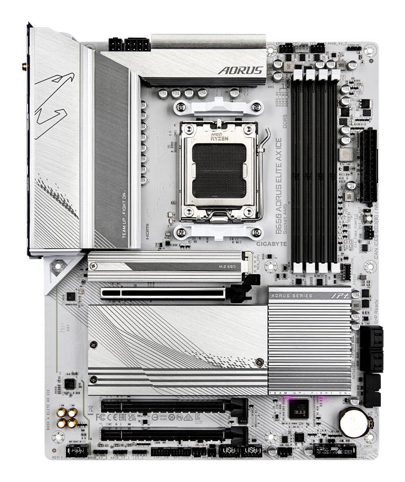 GIGABYTE B650 AORUS ELITE AX ICE Carte mère - Compatible avec les processeurs AMD Ryzen 9000, VRM numérique 12+2+2 phases, jusqu'à 8000 MHz DDR5 (OC), 1xPCIe 5.0 + 2xPCIe 4.0 M.2, Wi-Fi 6E, LAN 2.5GbE, USB 3.2 Gen 2x2