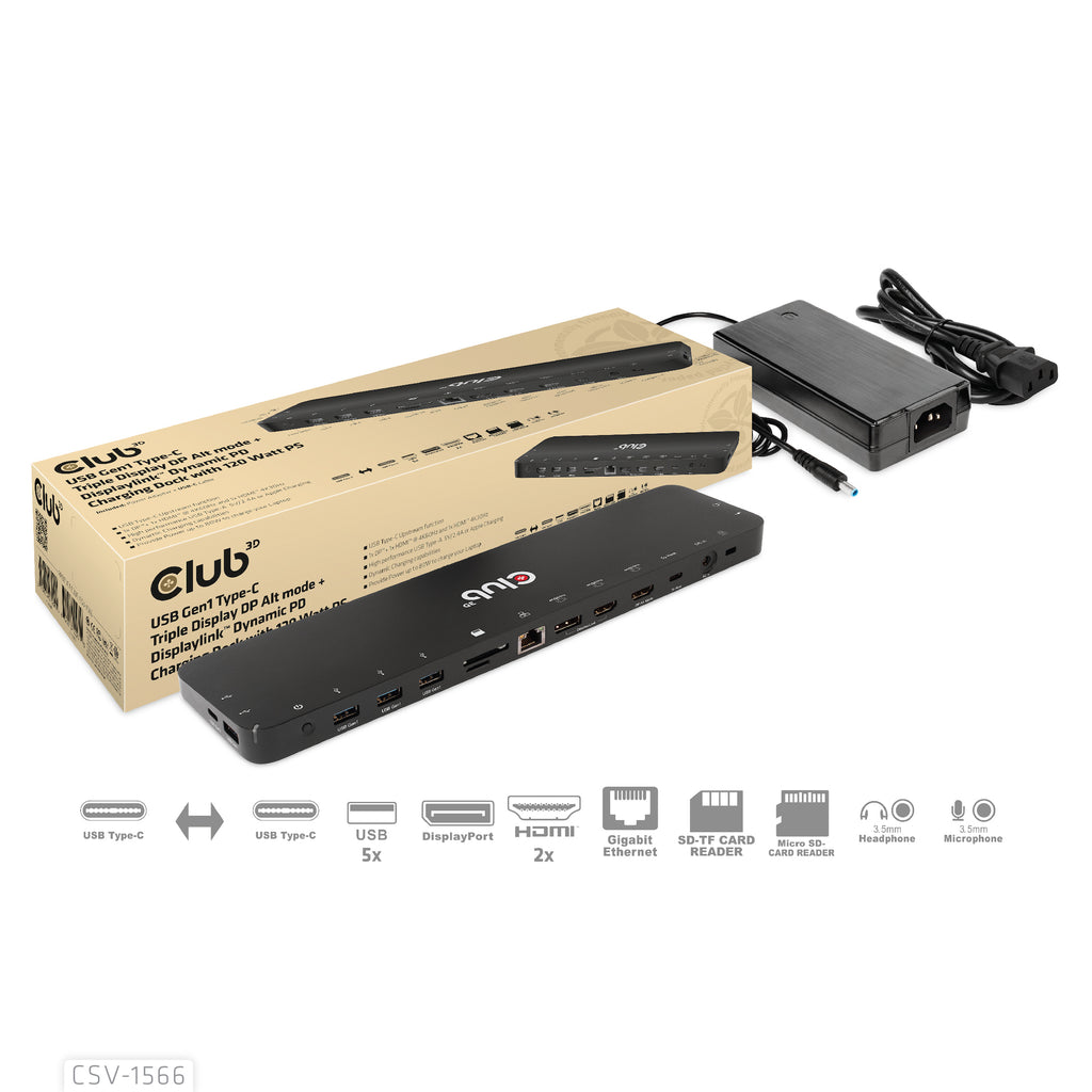 CLUB3D CSV-1566 Station d'accueil USB 3.2 Gen 1 Type-C, Noir