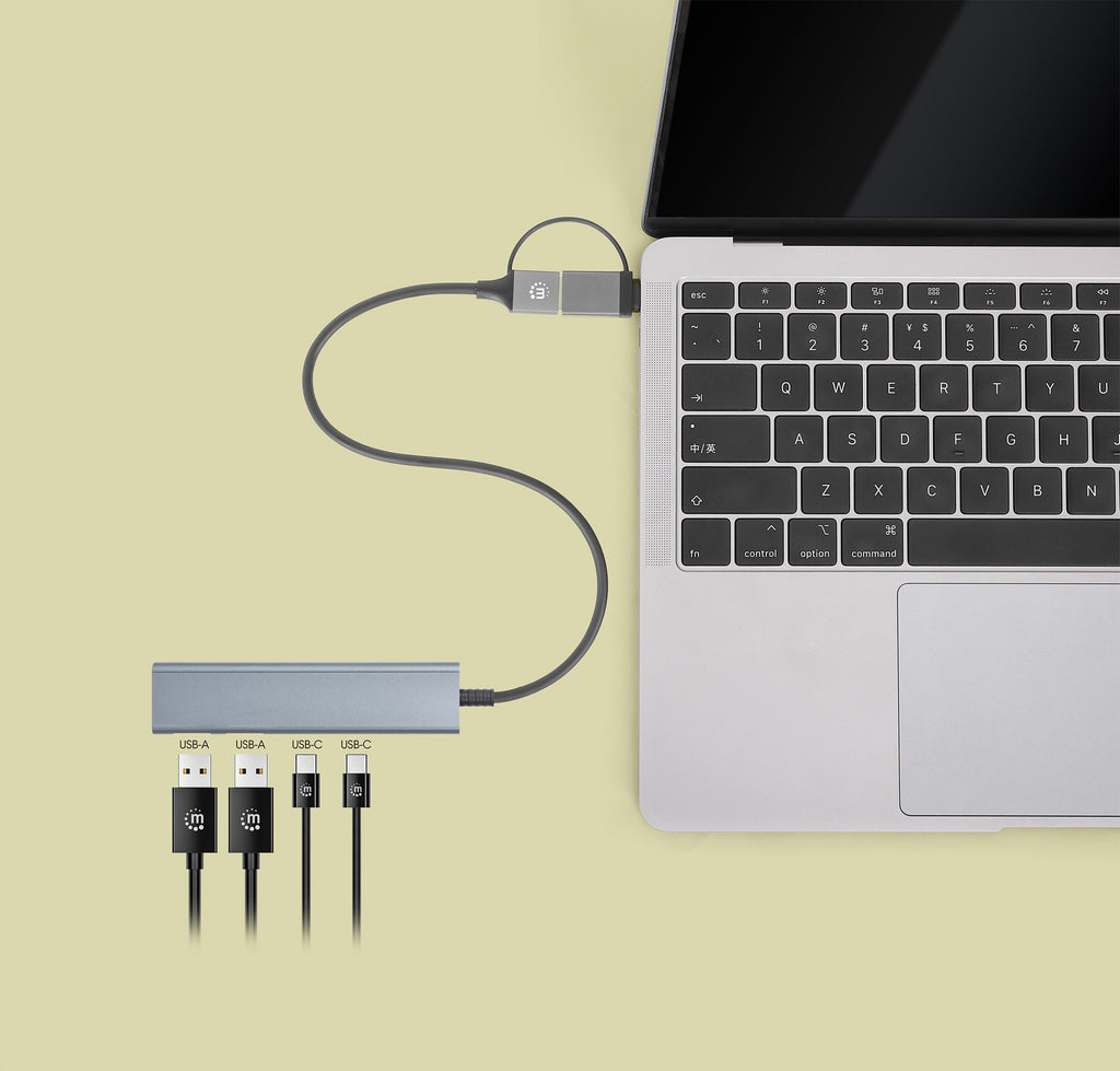 Manhattan Dock/hub combo USB-C & USB-A, 4 ports : 2x USB-A + 2x USB-C, 5 Gbit/s (USB 3.0), Alimenté par USB (aucune alim