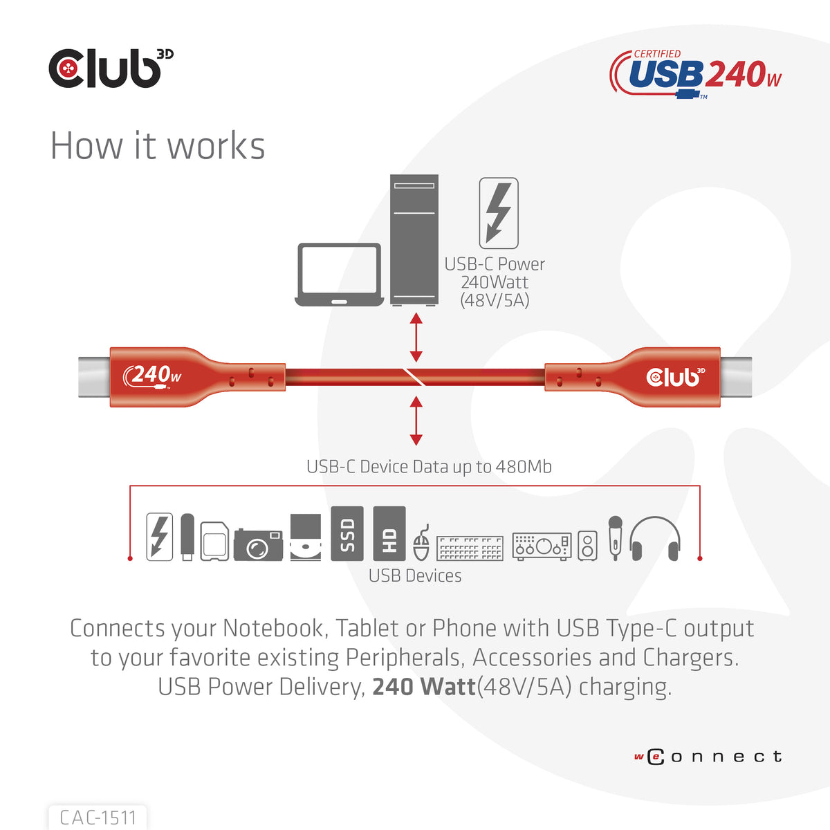 CLUB3D CAC-1511 Câble USB-C vers USB-C 2.0, 1 m, 240 W, 0,48 Gbit/s, Orange