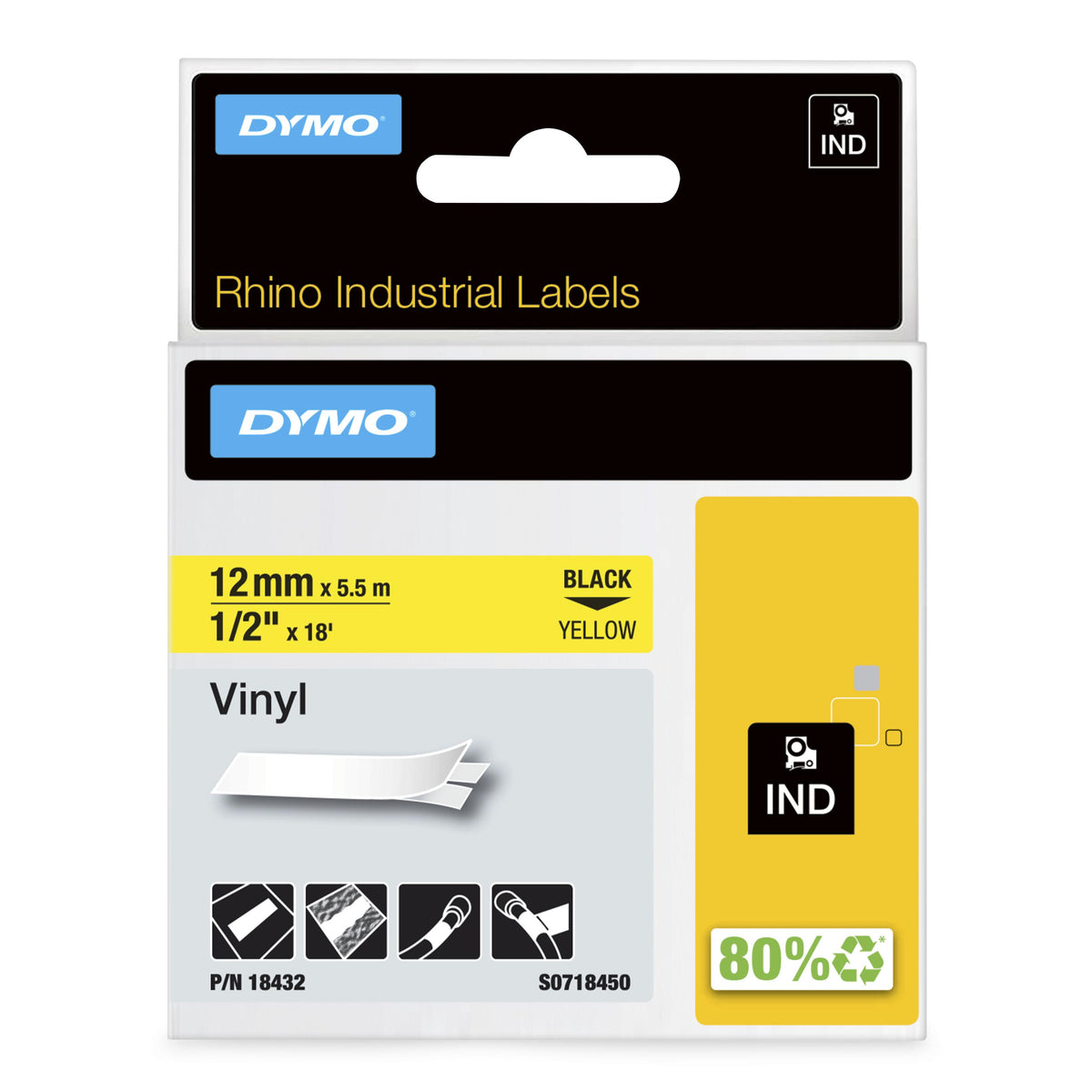 DYMO Rhino Étiquettes en vinyle industrielles | 12 mm x 5,5 m | autocollantes impression en noir sur fond jaune | pour é