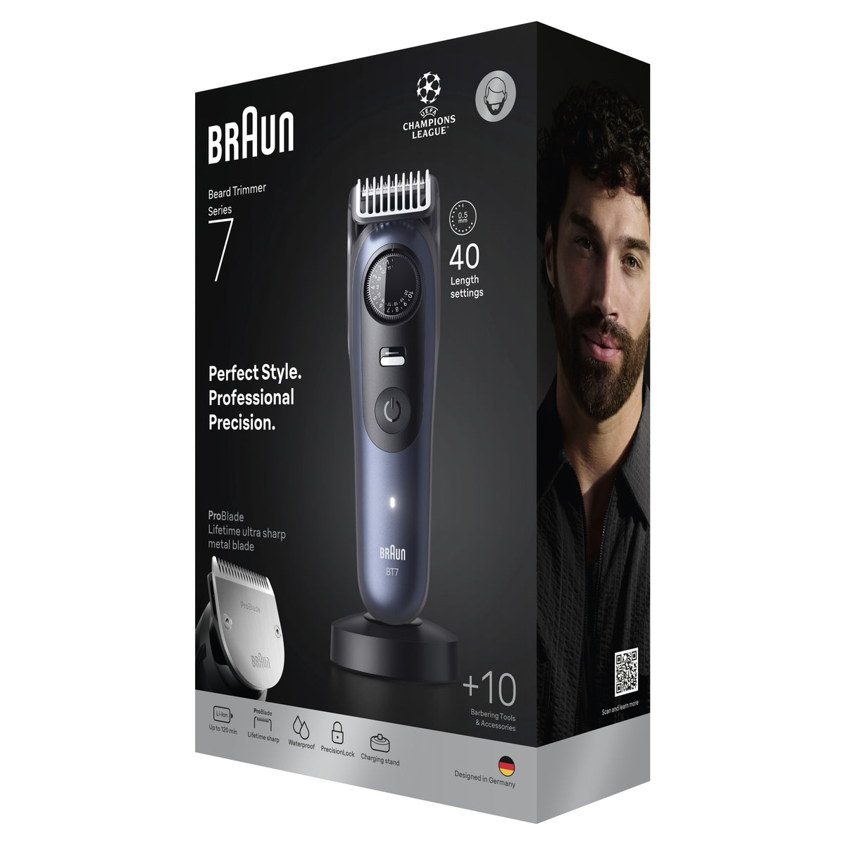 Braun BeardTrimmer 7 80789809 Tondeuse à Barbe, AC/Batterie, Étanche Mouillé & Sec, Bleu Foncé