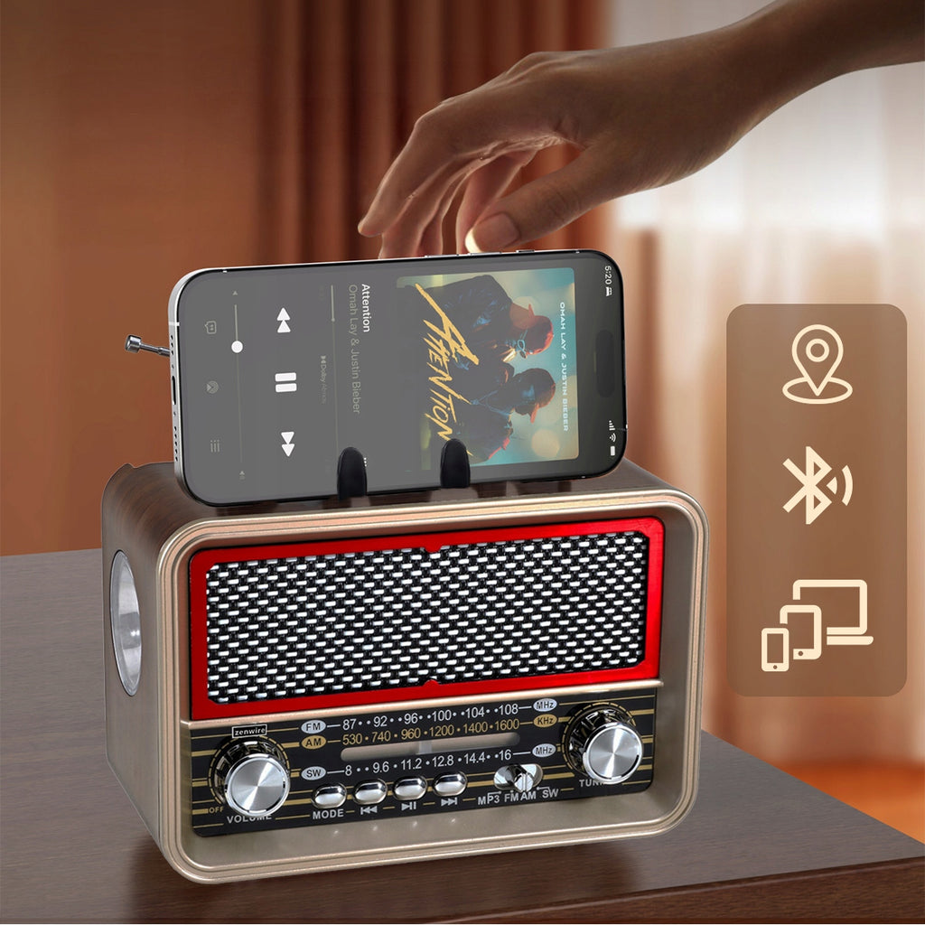Radio Retro FM solaire Bluetooth portable à piles, avec antenne USB-C Zenwire BT-S060