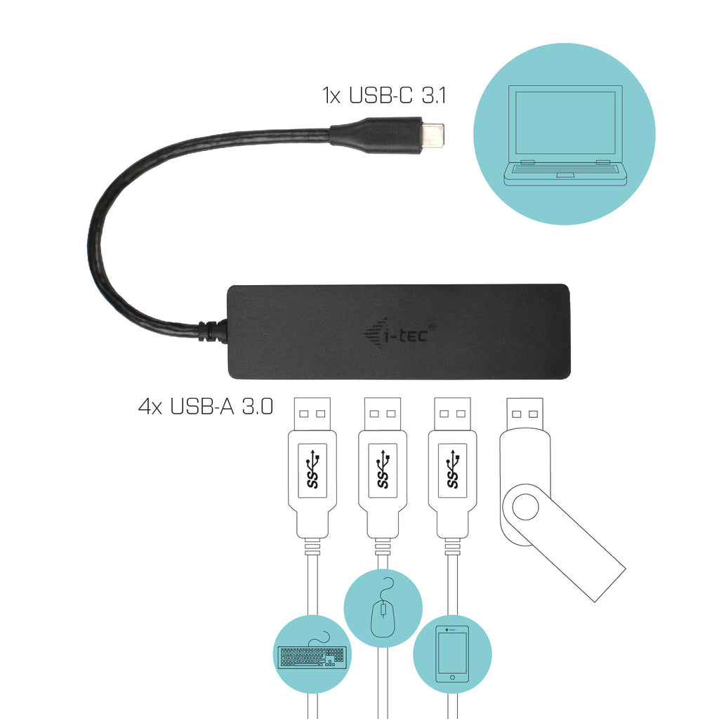 Hub USB-C Slim Passif 4 Ports USB 3.0, Vitesse 5 Gbps