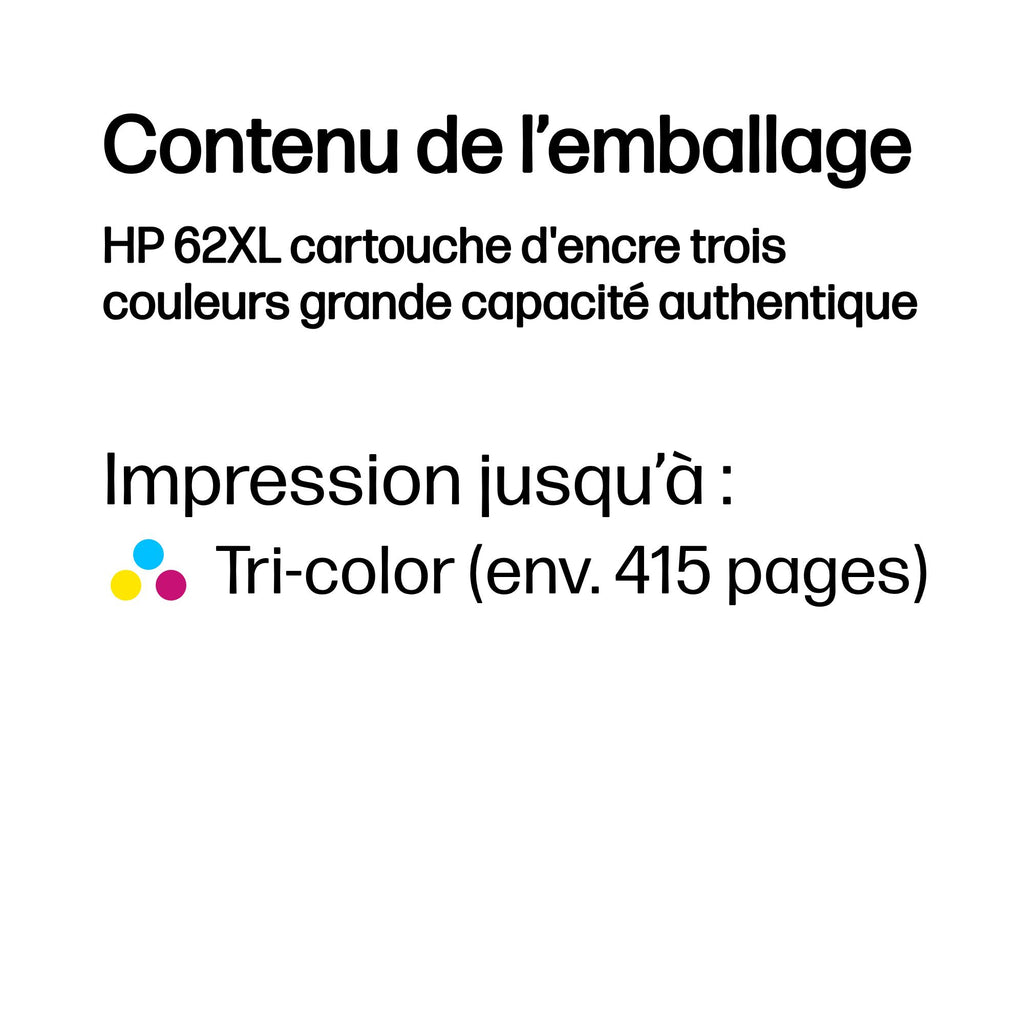 HP 62XL cartouche d'encre trois couleurs grande capacité authentique