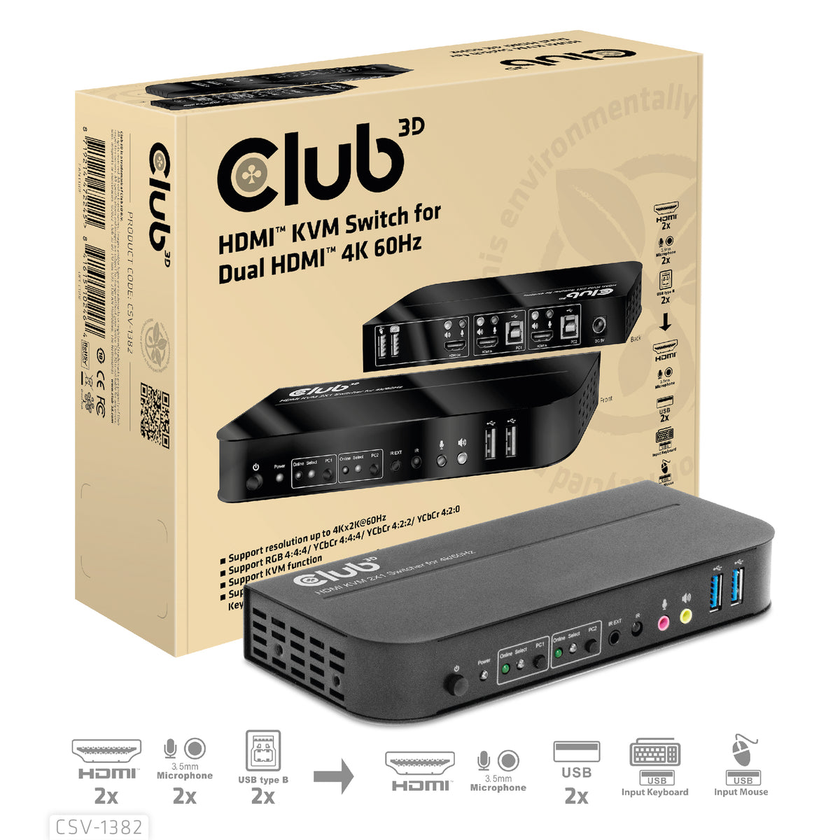 CLUB3D CSV-1382 Commutateur KVM HDMI 4K Ultra HD pour Écran, Clavier et Souris, Noir