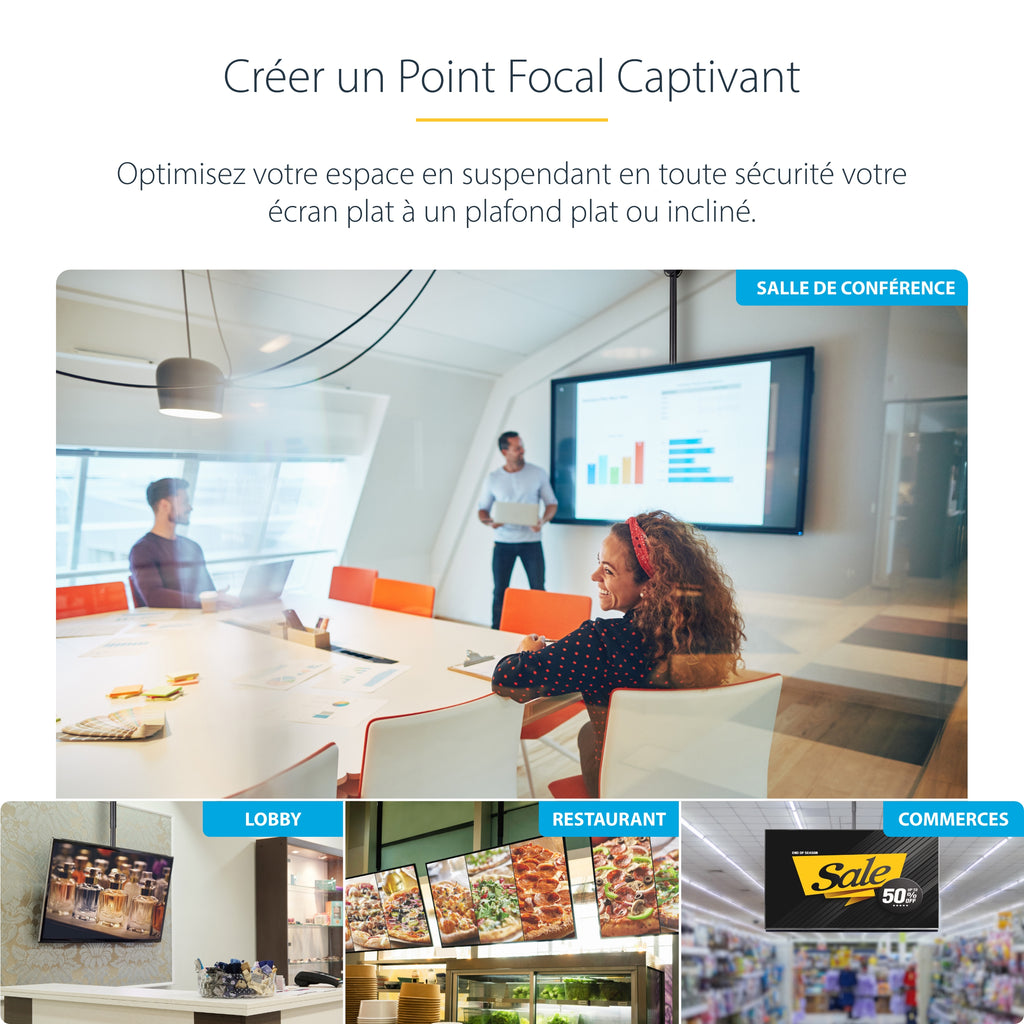 StarTech.com Support TV pour Plafond - Support Universel pour Écran Unique avec Mât Télescopique Réglable - Inclinable/P