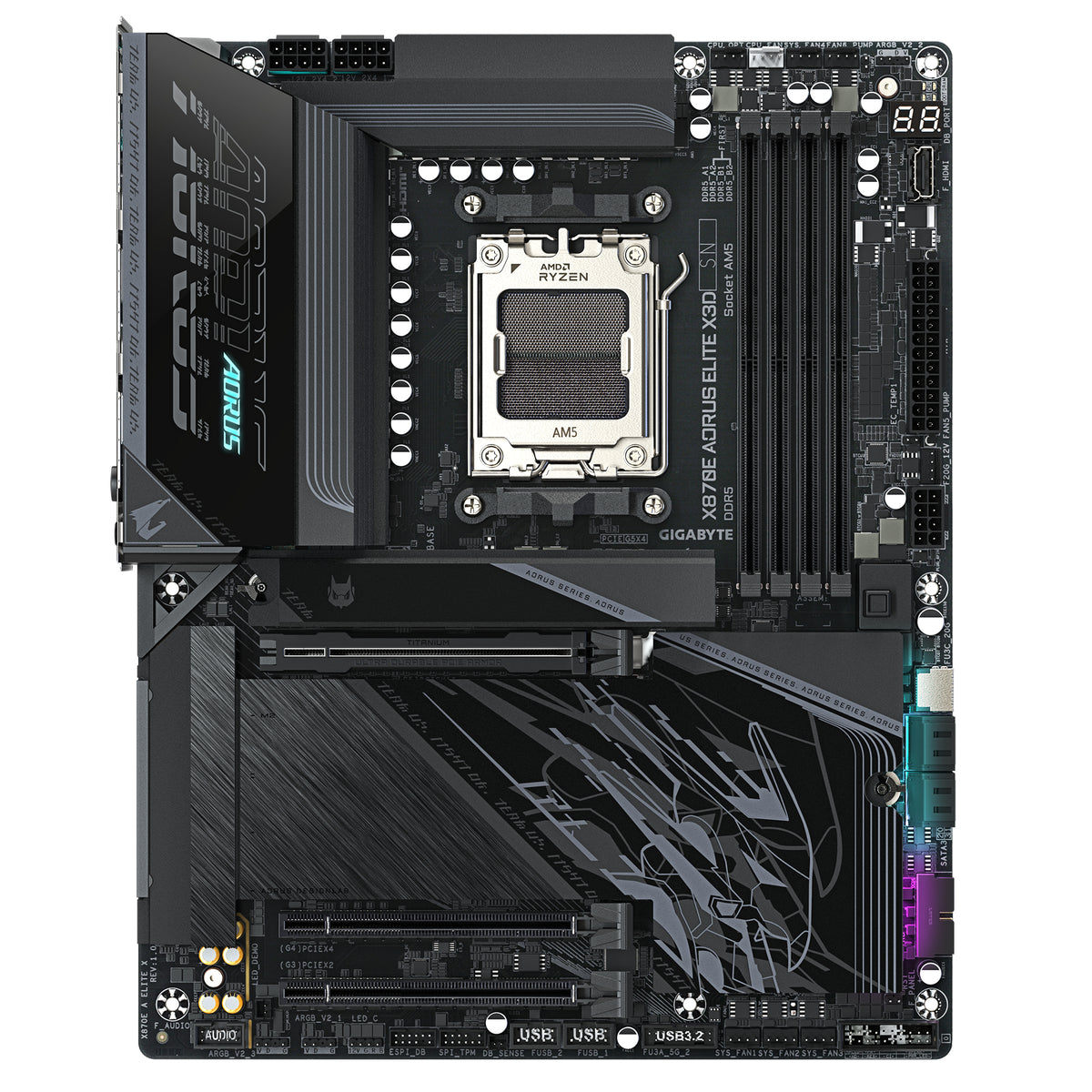 GIGABYTE X870E AORUS ELITE X3D Carte Mère – Prend en charge les processeurs AMD Ryzen 9000, VRM numérique 16+2+2 phases, jusqu’à 9000 Hz DDR5 (OC), 2 x PCIe 5.0 + 2 x PCIe 4.0, Wi-Fi 7, LAN 5 GbE, USB 4 - vue 2
