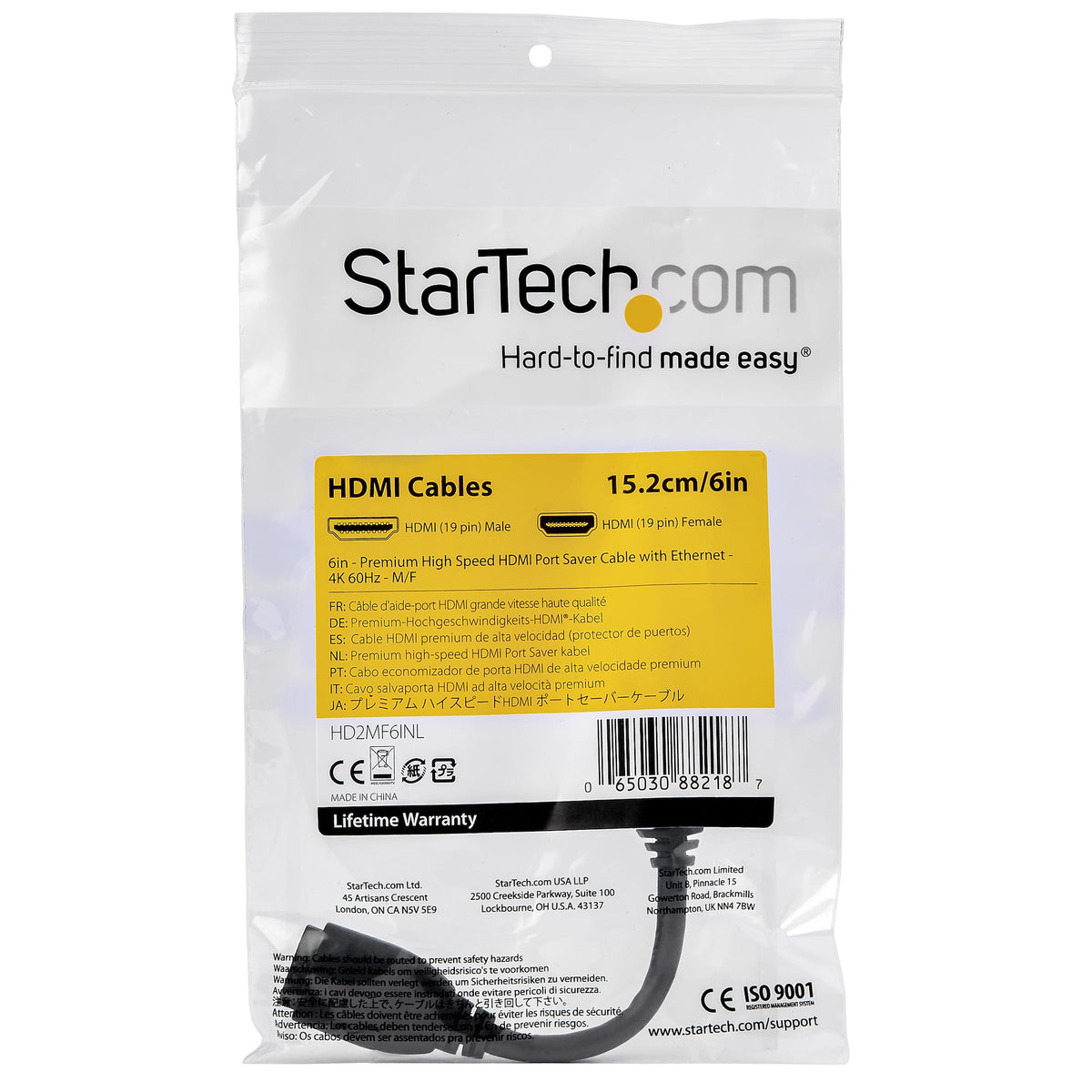 StarTech.com Câble d'extension HDMI Haute Vitesse 15 cm, 4K 60Hz, Mâle vers Femelle