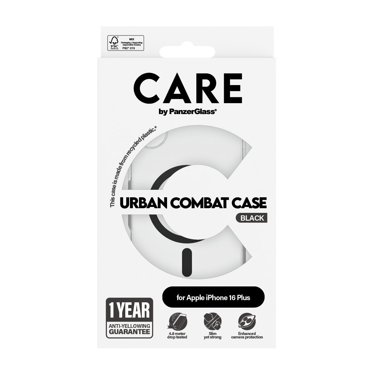 PanzerGlass CARE Urban Combat Case Transparent avec MagSafe pour iPhone 16 Plus, Noir